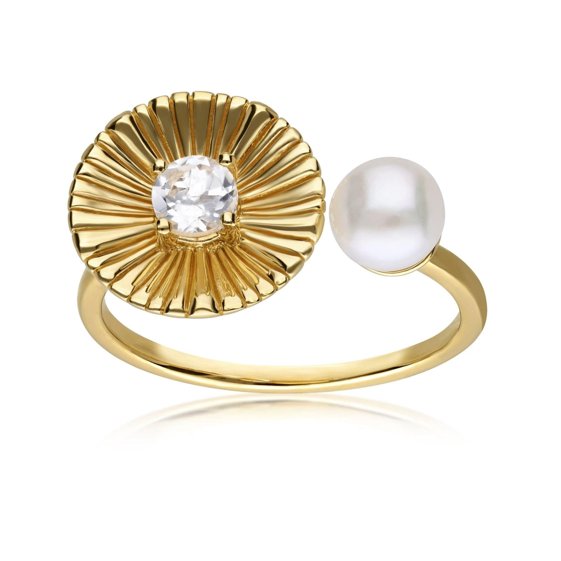 Caruso Pearl & White Topaz Floral Open Ring In Yellow Gold Plated Silver - Gemondo
