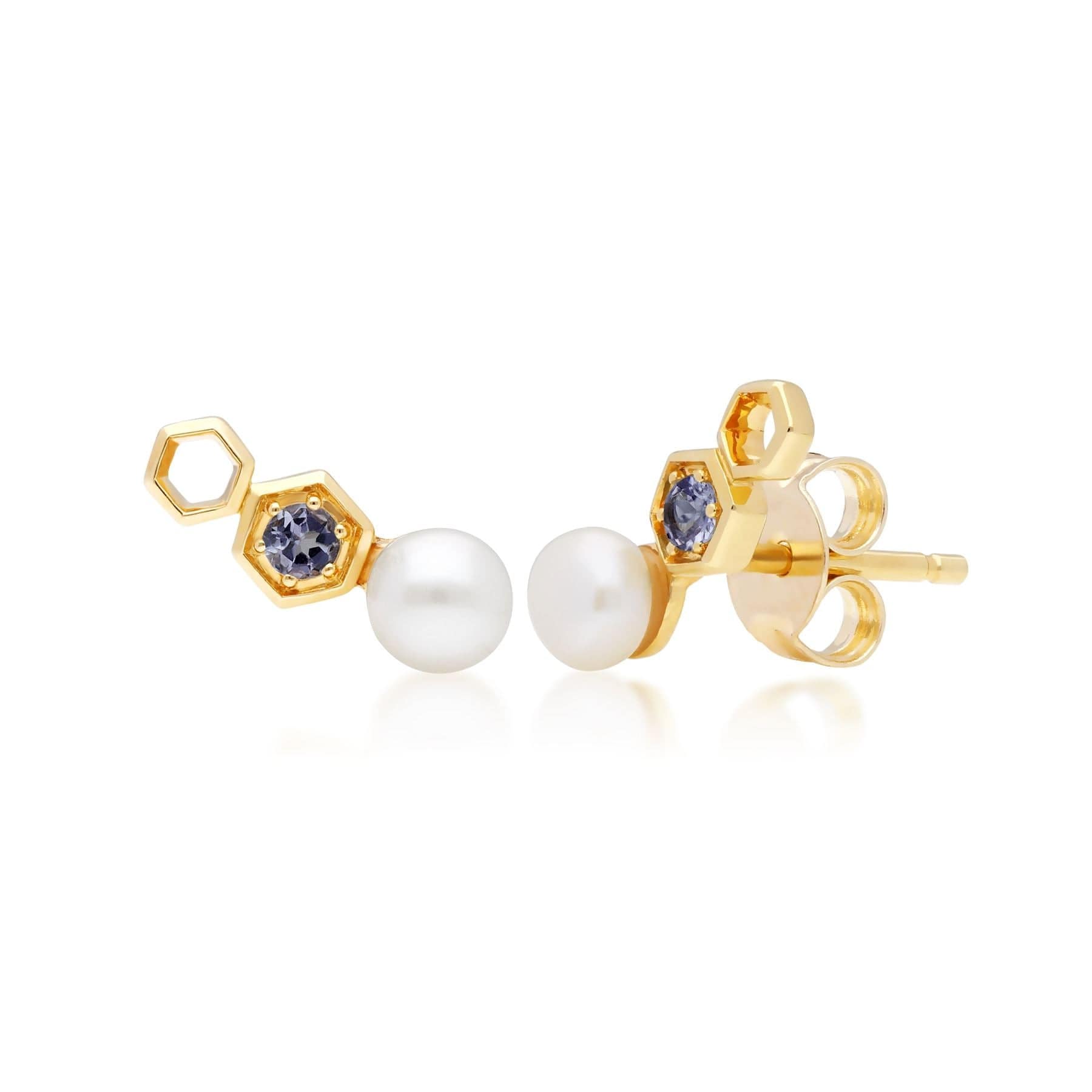 Modern Pearl & Tanzanite Ear Climber Studs in 9ct  Gold - Gemondo