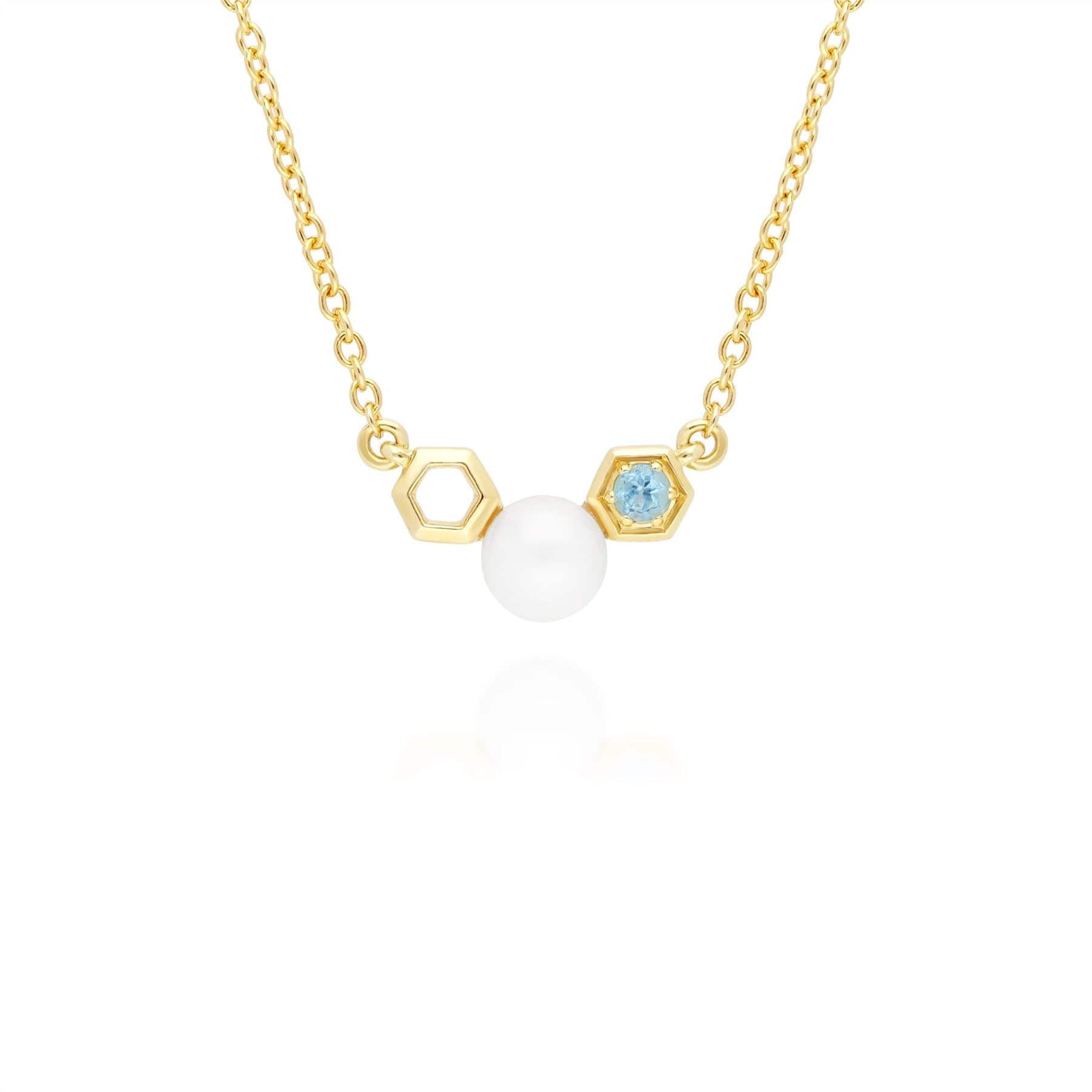 135N0362019 Modern Pearl & Blue Topaz Necklace in 9ct Yellow Gold 1