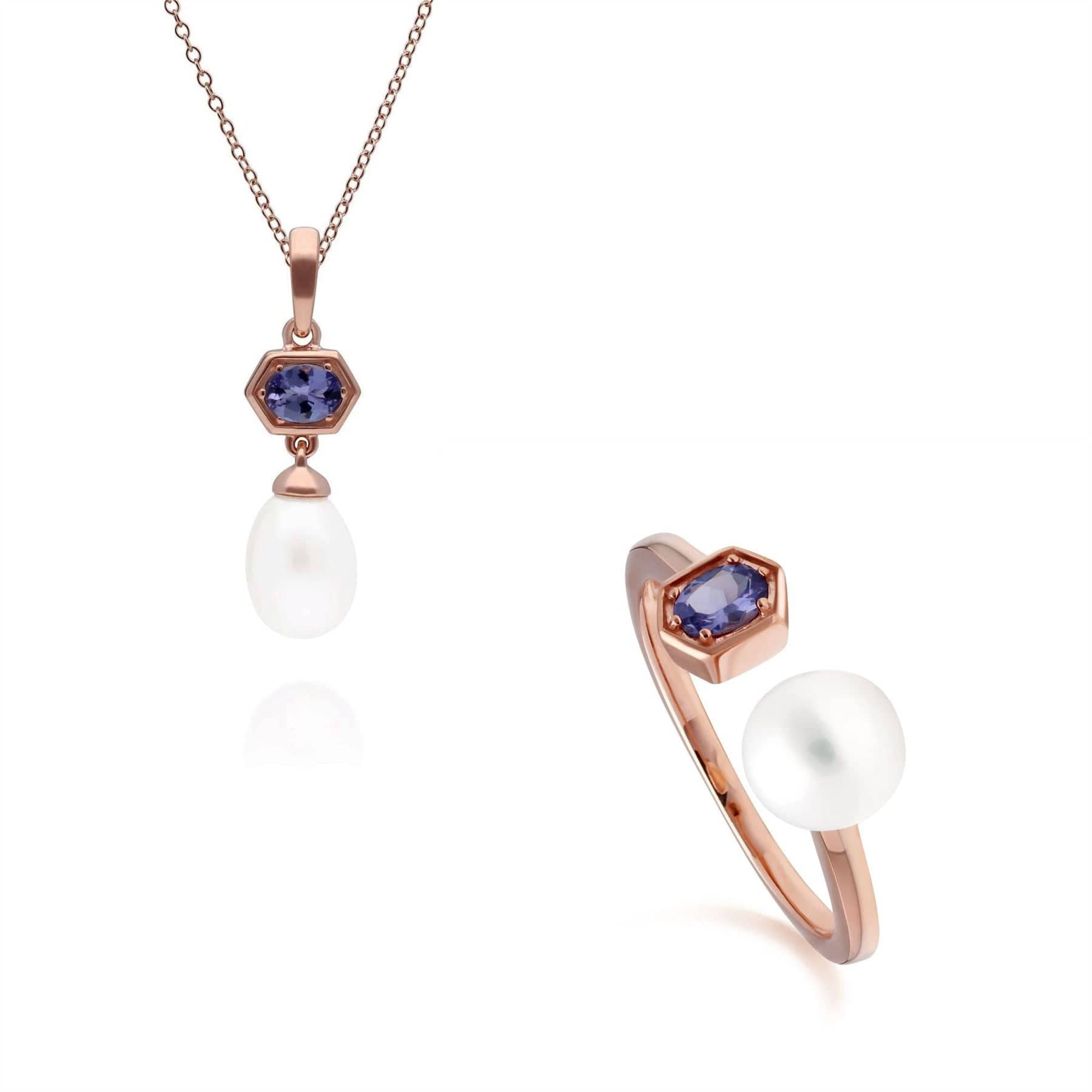 Modern Pearl & Tanzanite Pendant & Ring Set in Rose Gold Plated Silver - Gemondo