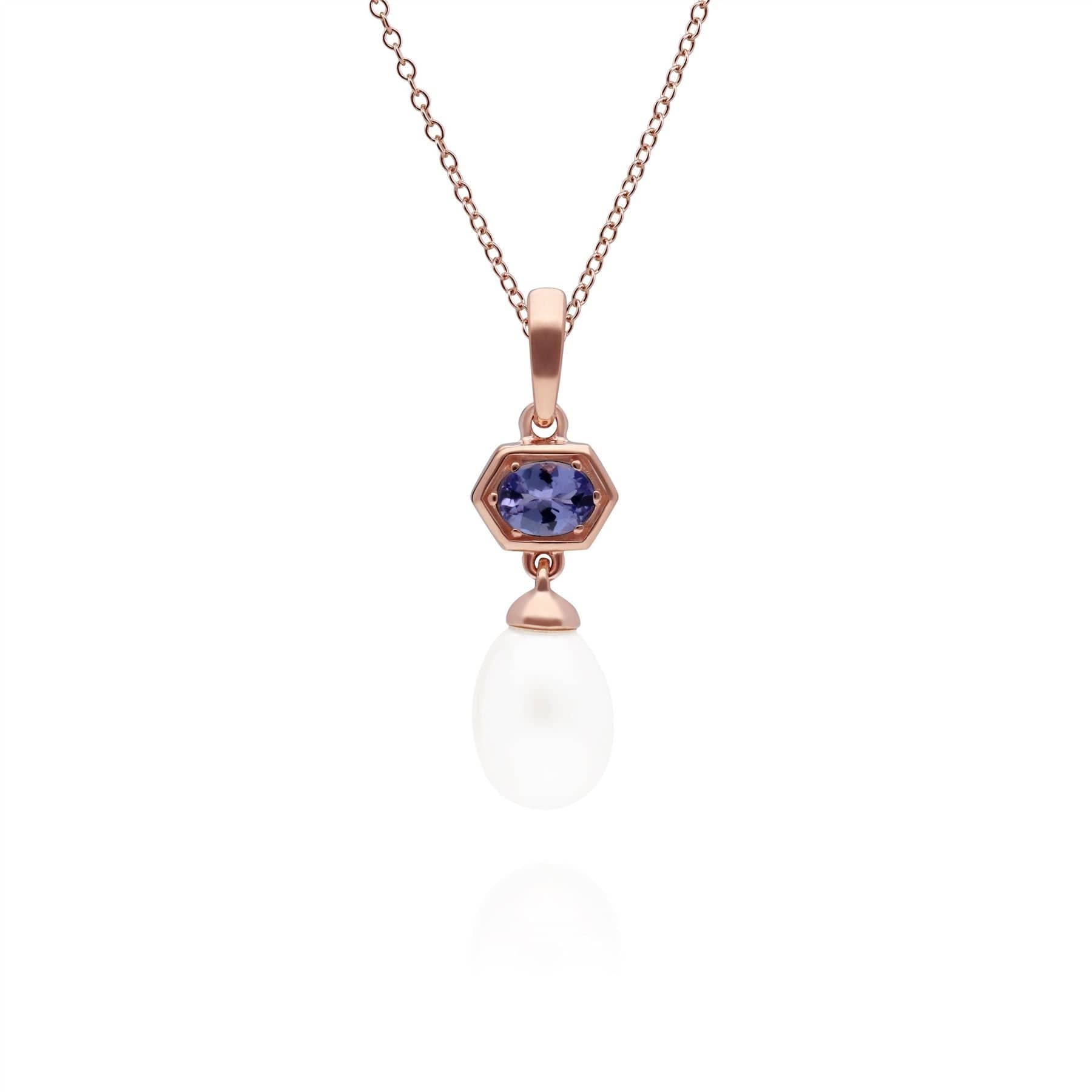 Modern Pearl & Tanzanite Hexagon Drop Pendant in Rose Gold Plated Sterling Silver