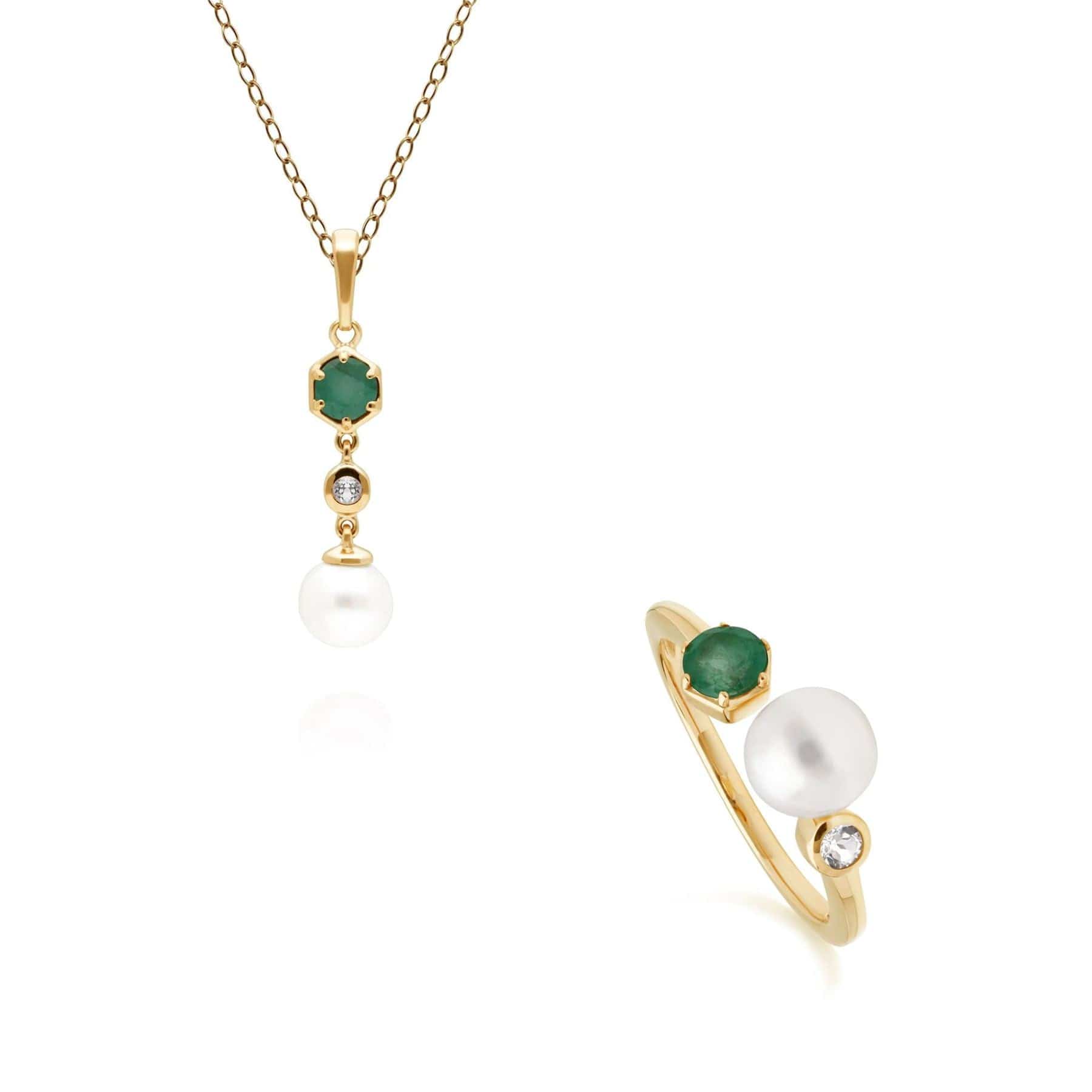 Modern Pearl, Topaz & Emerald Pendant & Ring Set in Gold Plated Silver - Gemondo
