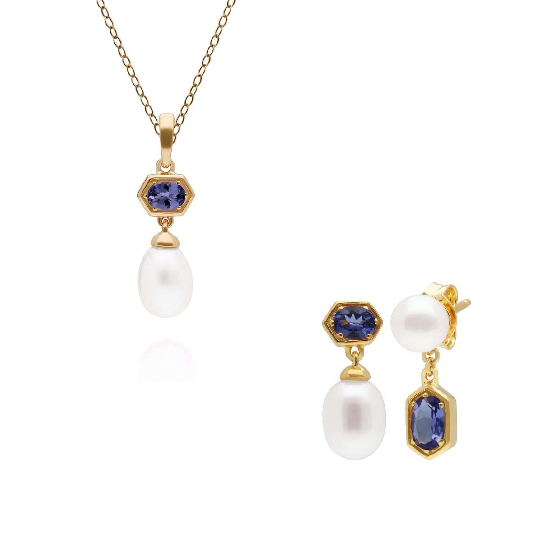 Modern Pearl & Tanzanite Pendant & Earring Set in Gold Plated Silver - Gemondo