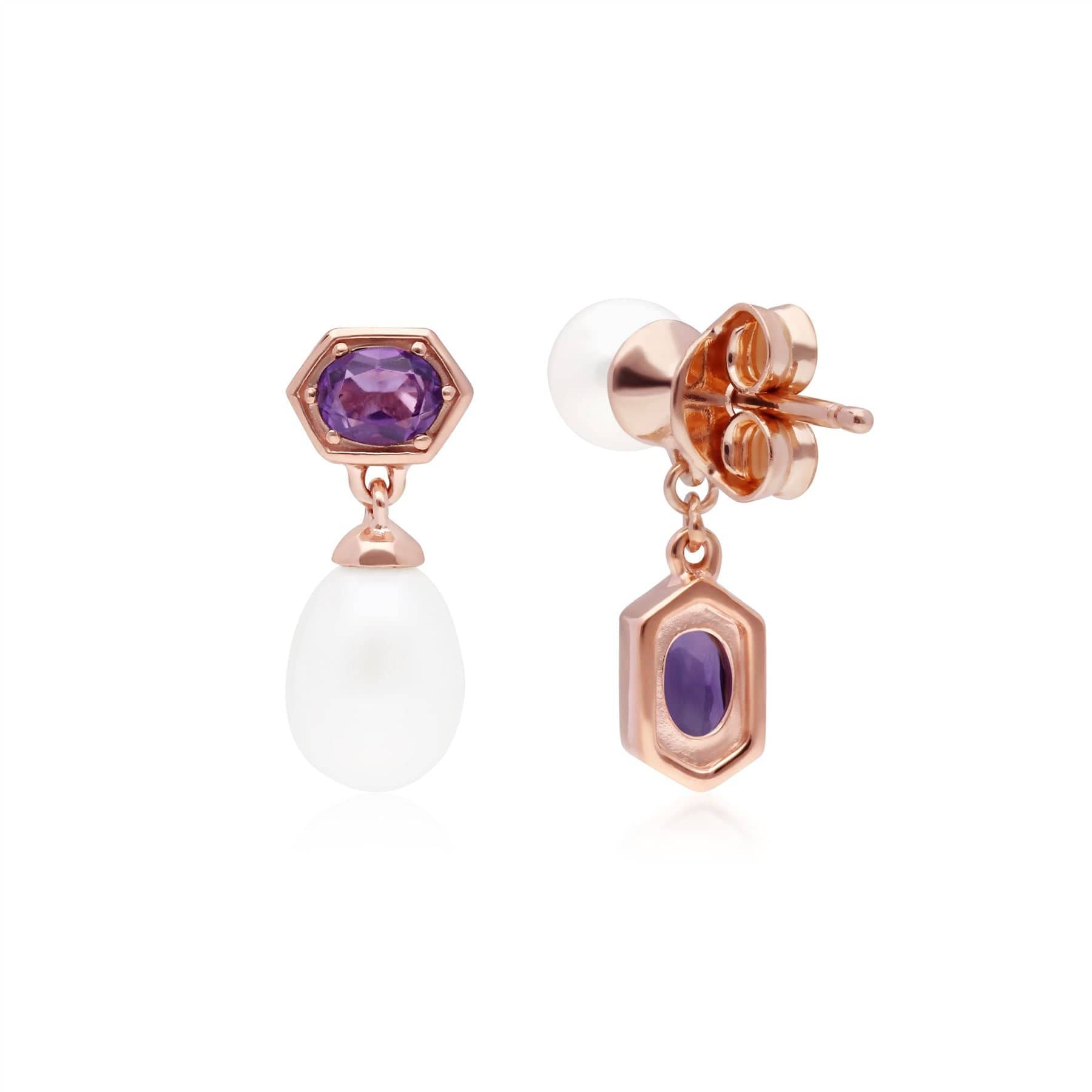 Modern Pearl & Amethyst Mismatched Drop Earrings in Rose Gold Plated Sterling Silver