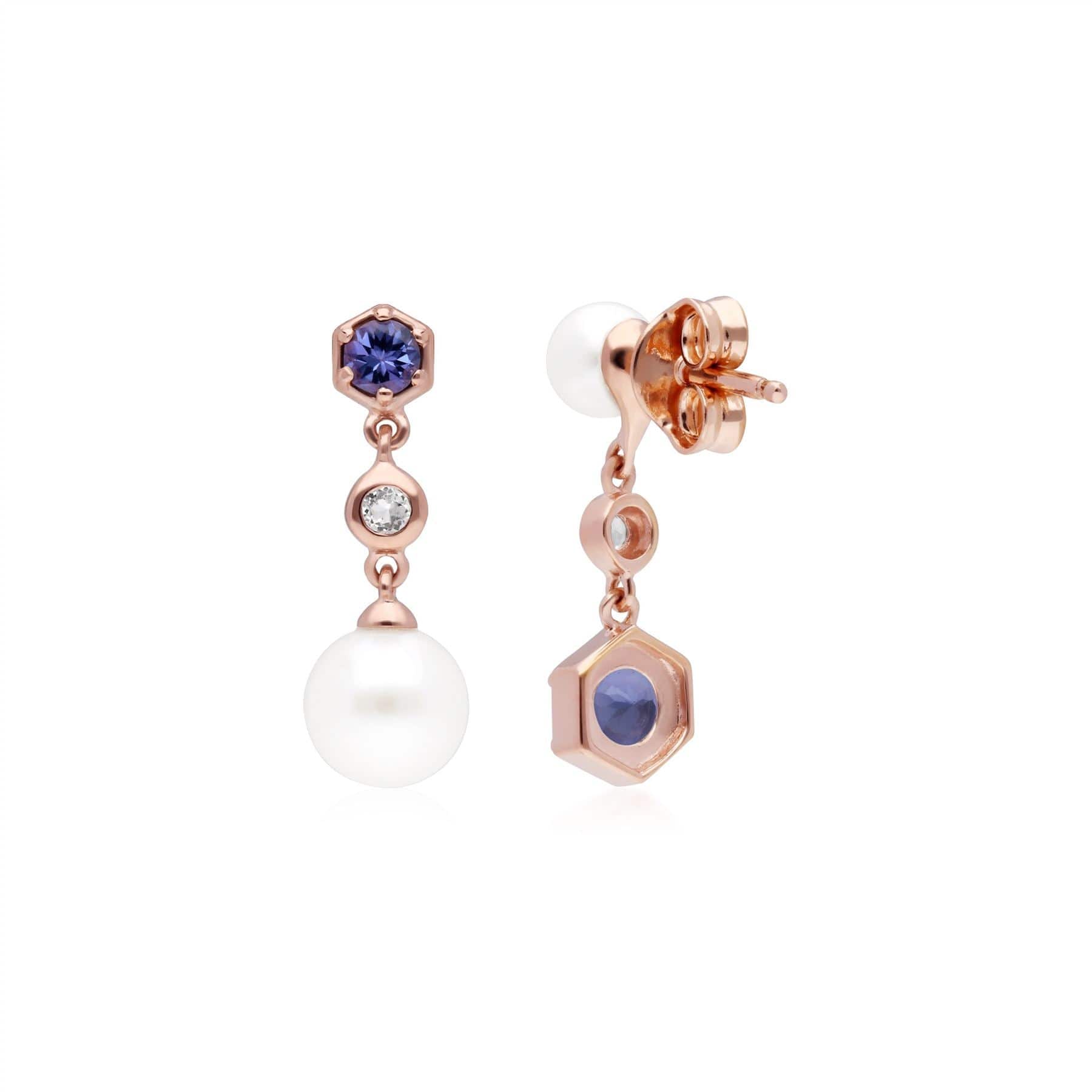 Modern Pearl, Tanzanite & Topaz Mismatched Drop Earrings in Rose Gold Plated Silver 1