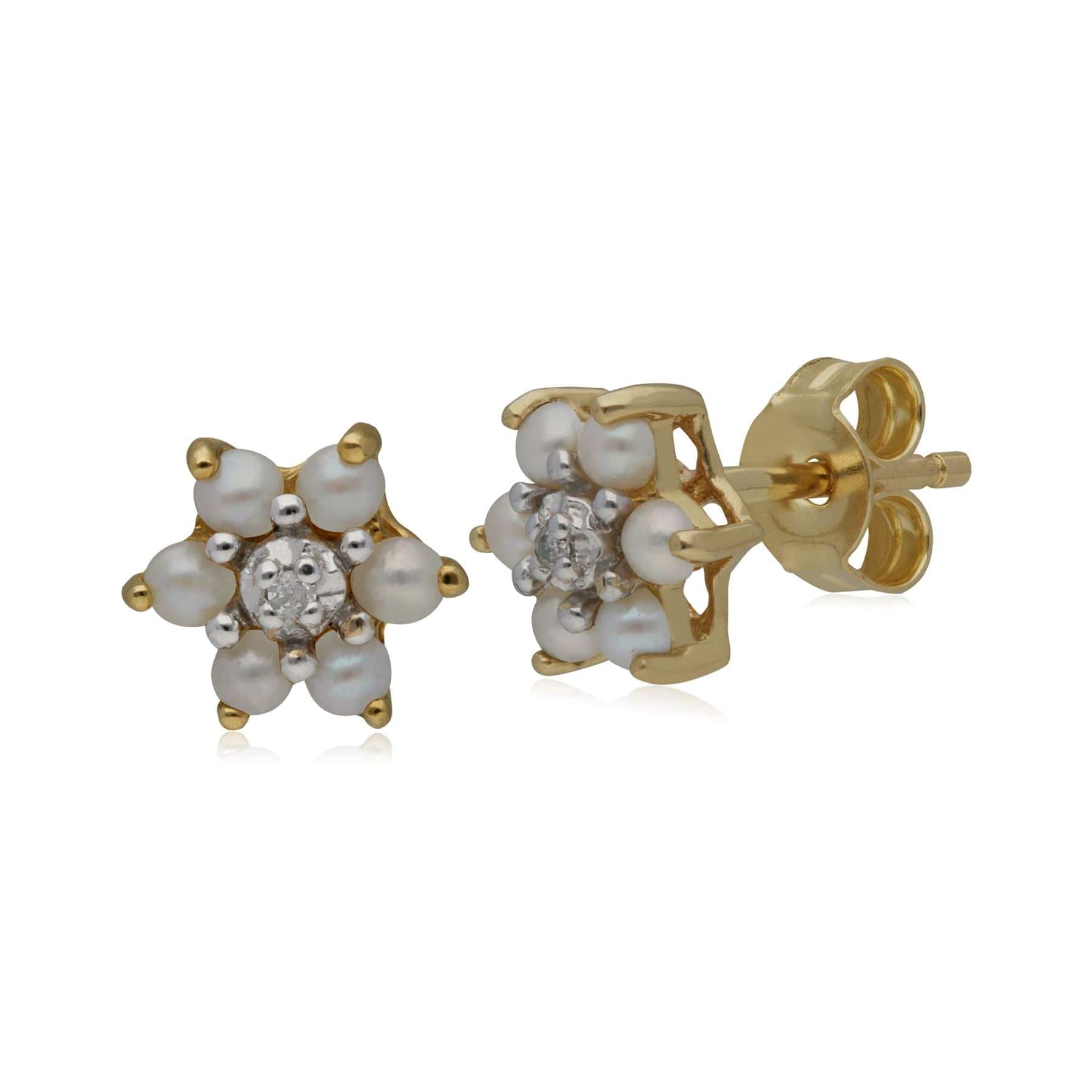 Gemondo Floral Pearl & Diamond Stud Earrings in 9ct Yellow Gold