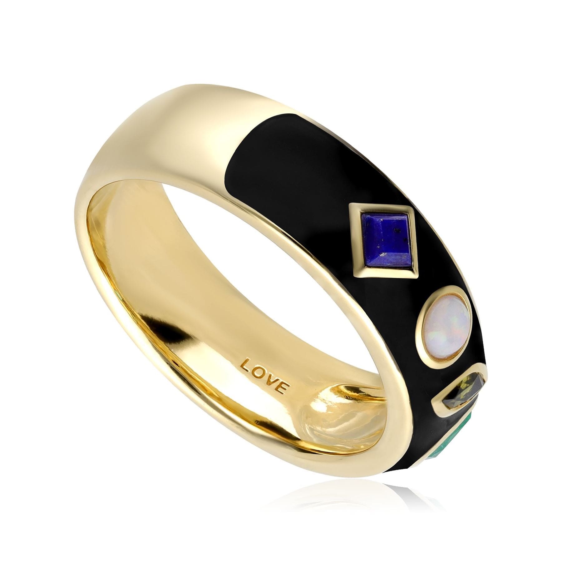 253R663701925 Coded Whispers Black Enamel 'Love' Acrostic Gemstone Ring In Yellow Gold Plated Silver 6