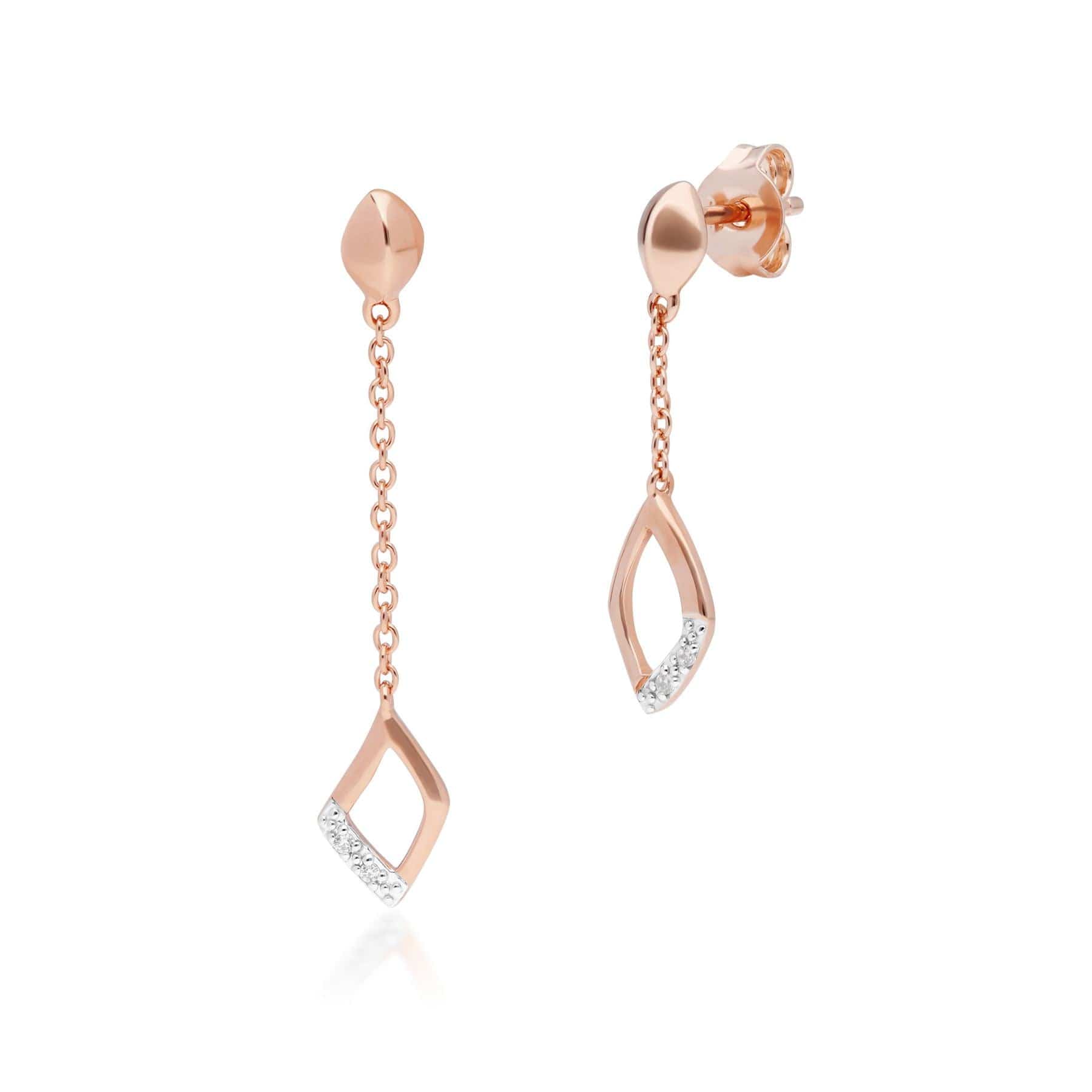 Diamond Pave Mismatched Dangle Drop Chain Earrings in 9ct Rose Gold