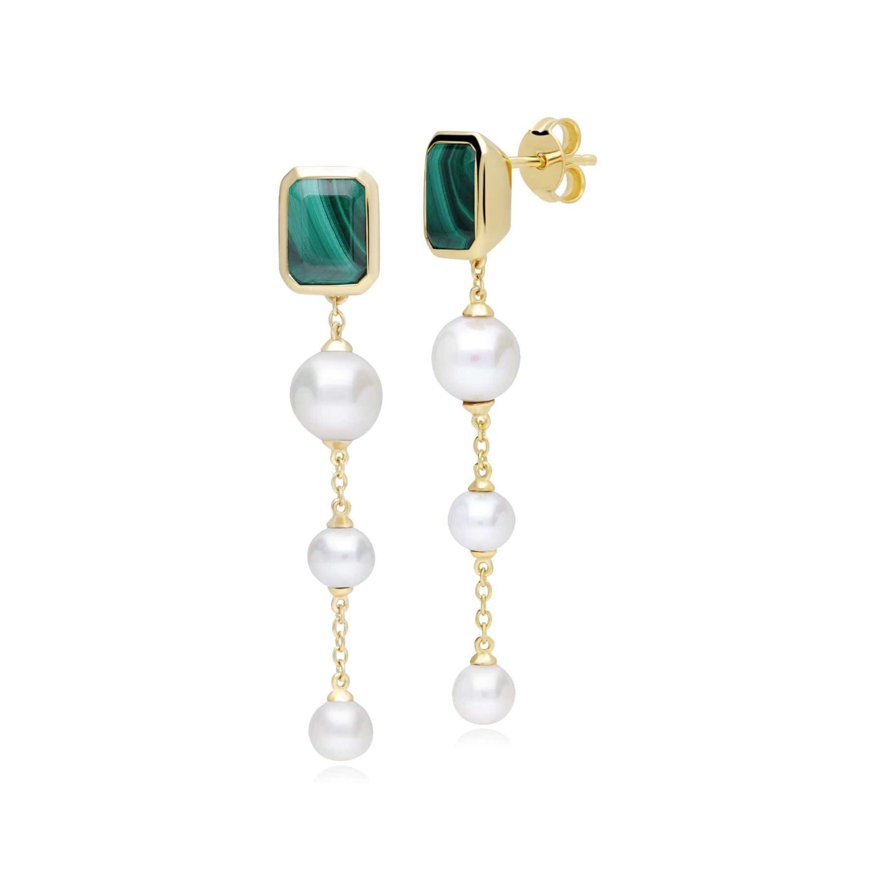 270E034002925 ECFEW™ Unifier Malachite & Pearl Dangle Drop Earrings In Yellow Gold Plated Silver 1