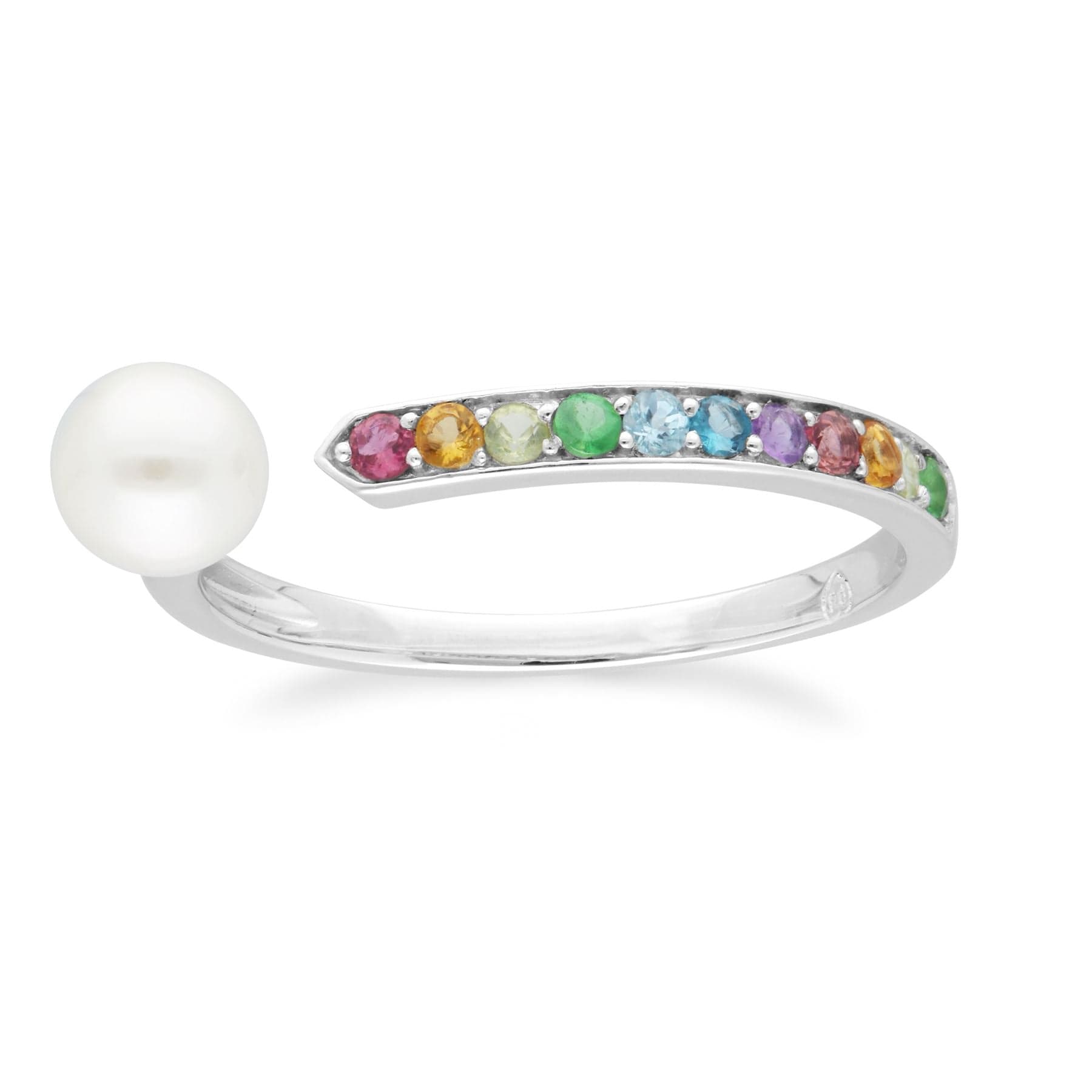 Rainbow Gemstone & Pearl Open Ring in 925 Sterling Silver 2