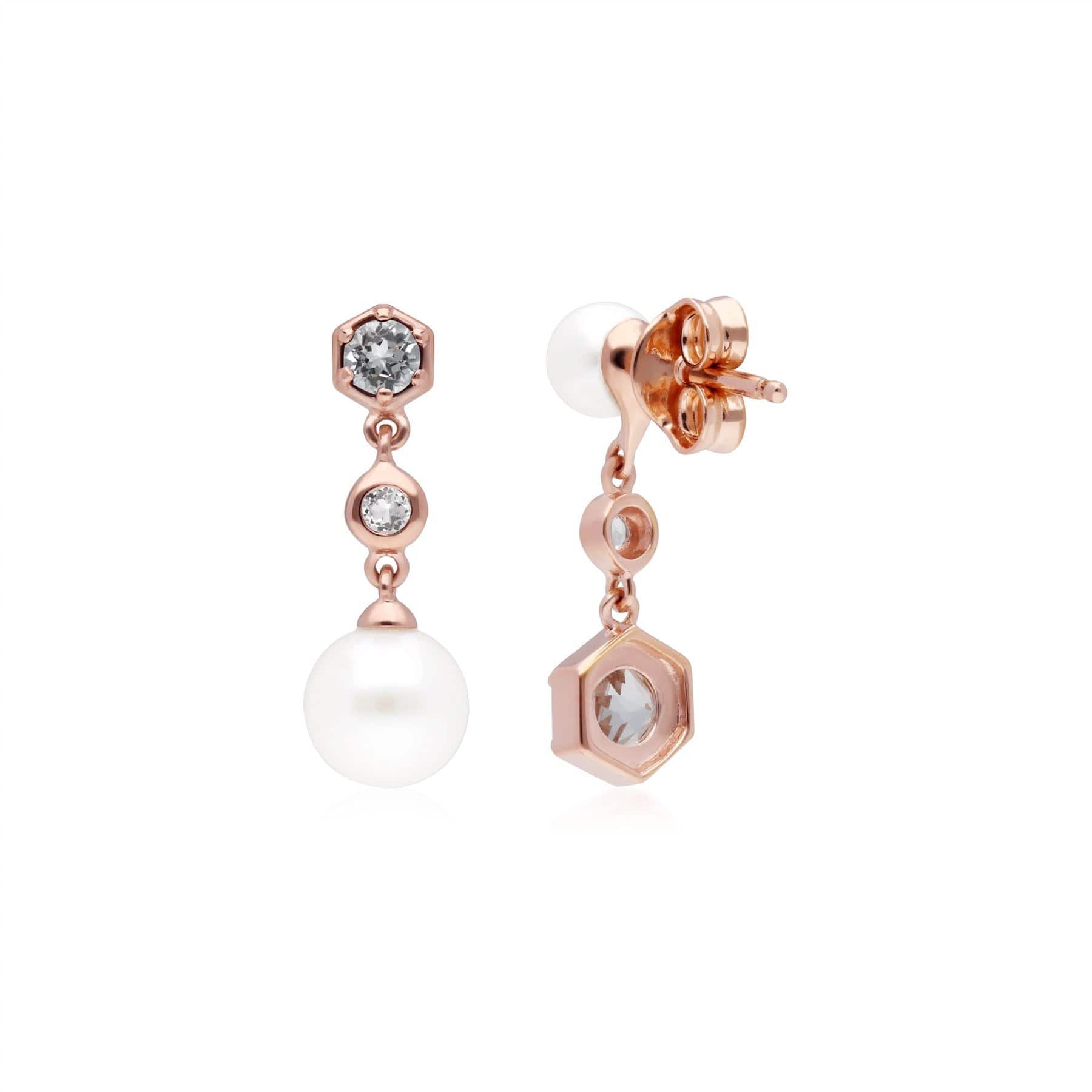 Modern Pearl, White Topaz Mismatched Drop Earrings in Rose Gold Plated Sterling Silver