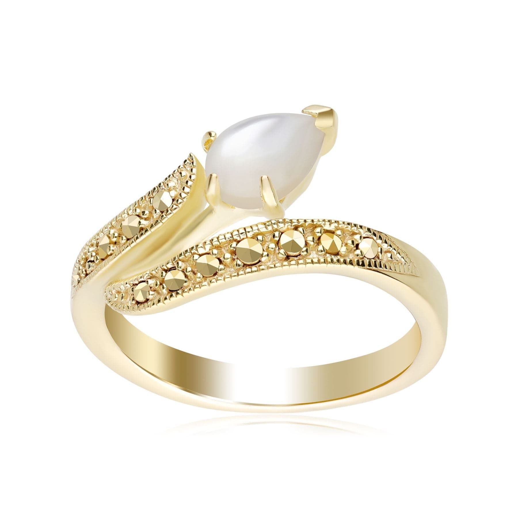Art Nouveau Inspired Mother of Pearl & Marcasite Twist Ring in 18ct Gold Plated Silver - Gemondo