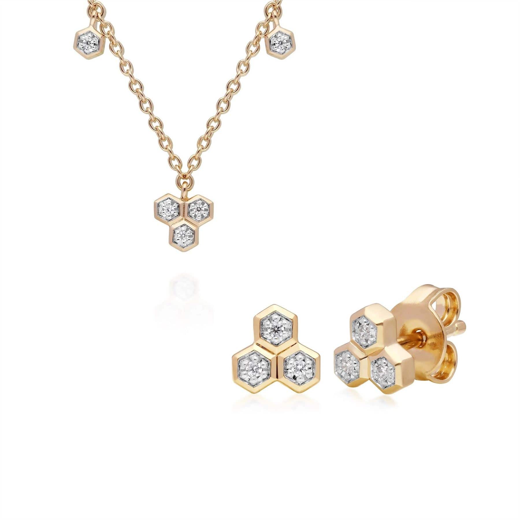 Diamond Trilogy Necklace & Stud Earring Set in 9ct Yellow Gold - Gemondo