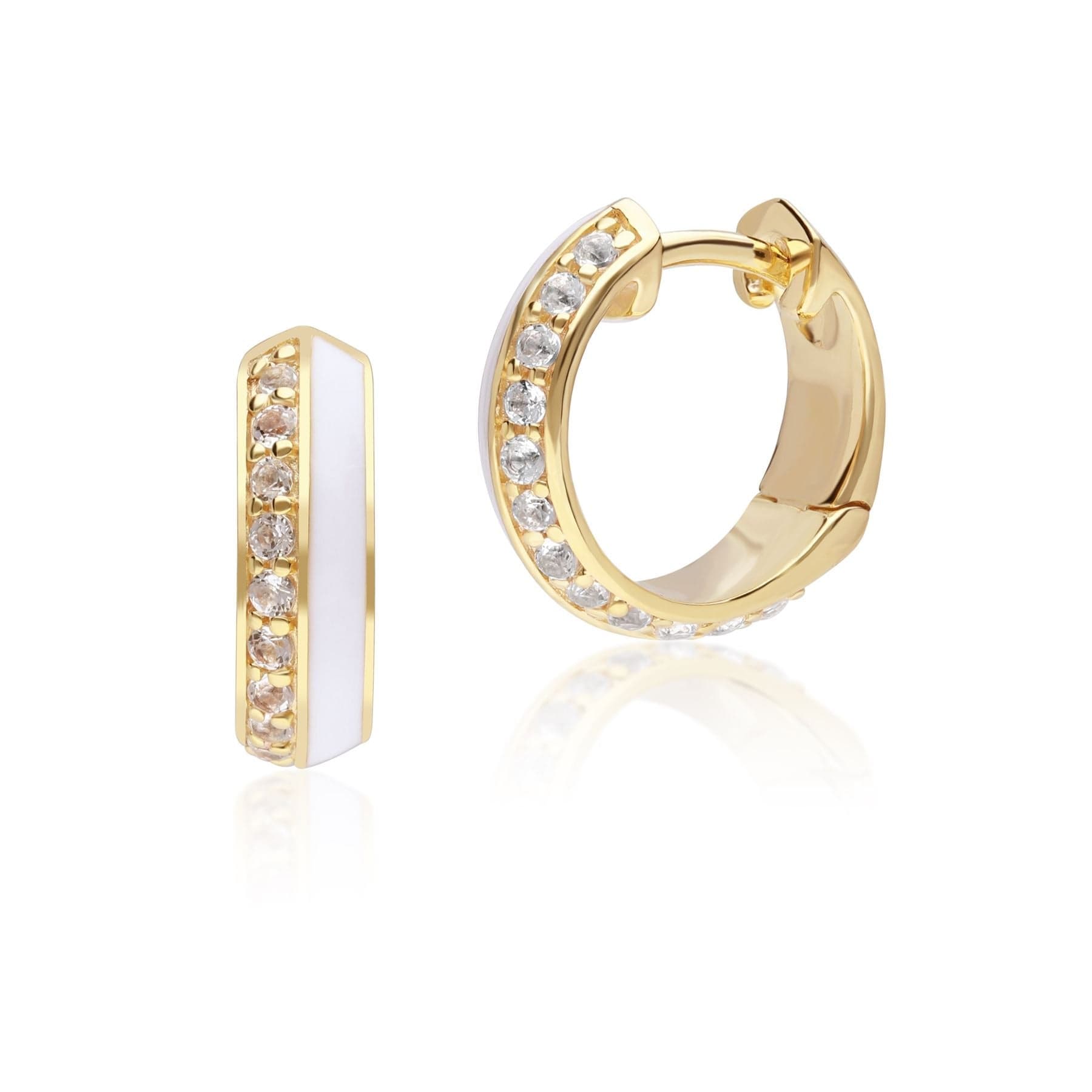 Siberian Waltz White Enamel & Topaz Hoop Earrings in Gold Plated Silver