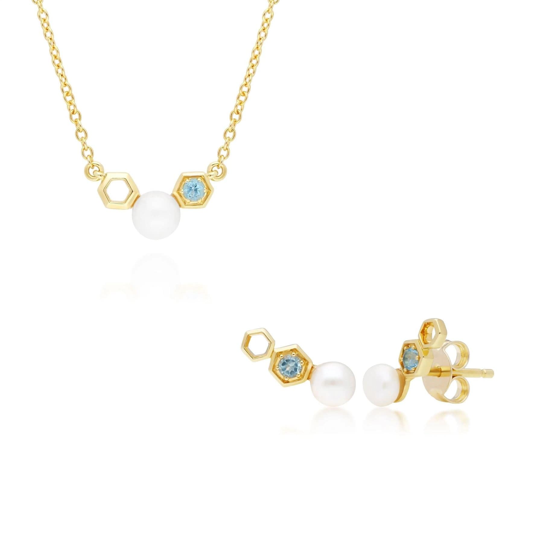 Modern Pearl & Blue Topaz Necklace & Earring Set in 9ct Yellow Gold - Gemondo
