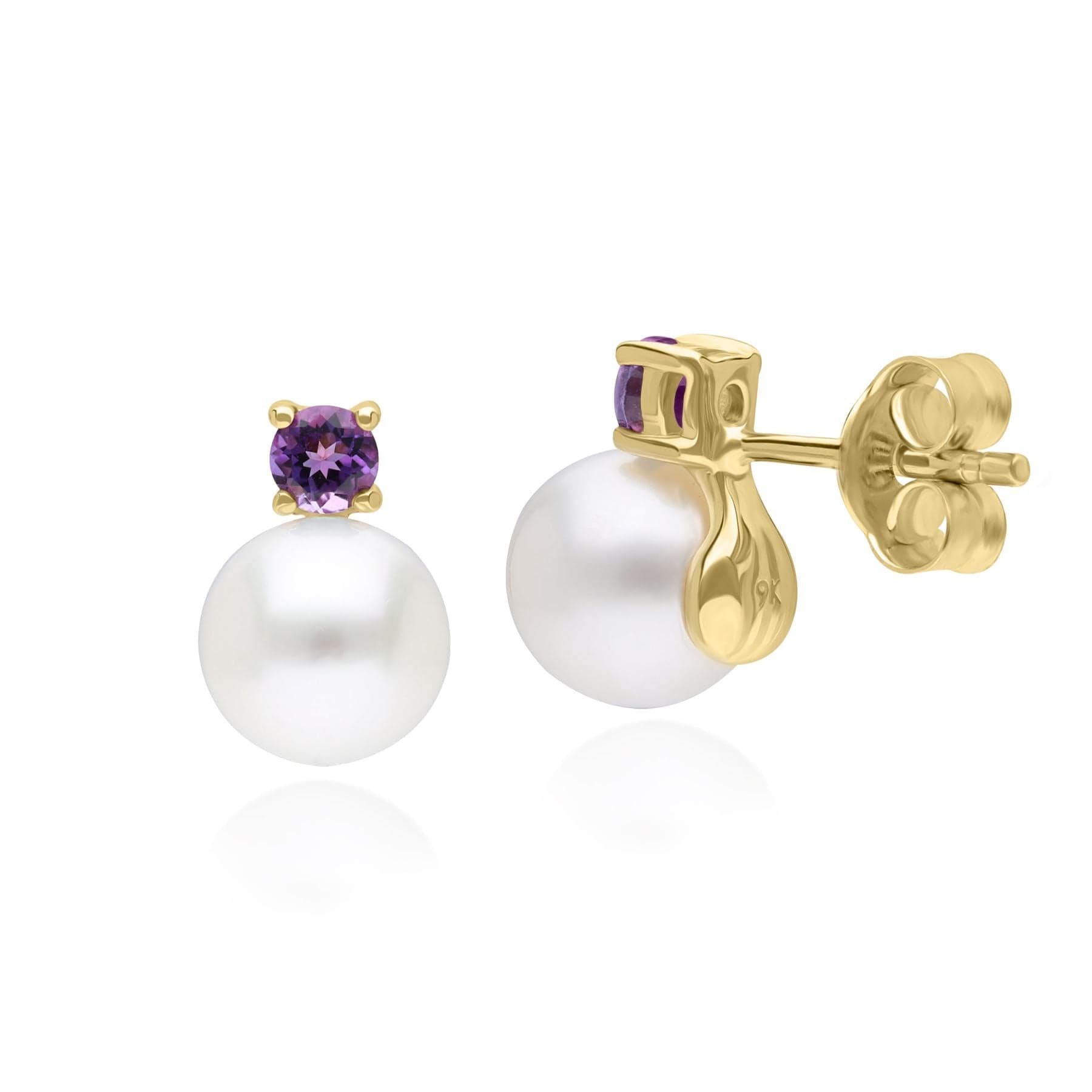 135E1817039 Modern Pearl & Amethyst Stud Earrings in 9ct Yellow Gold 3