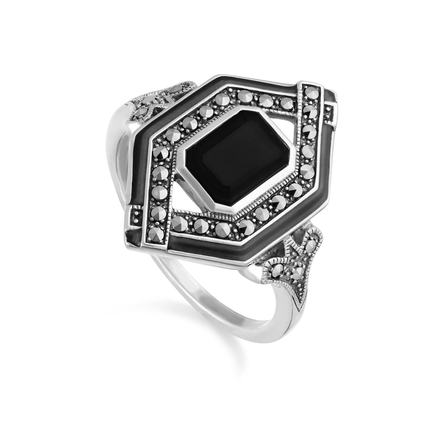 Art Deco Inspired Spinel, Enamel & Marcasite Rhombus Ring In Sterling Silver - Gemondo