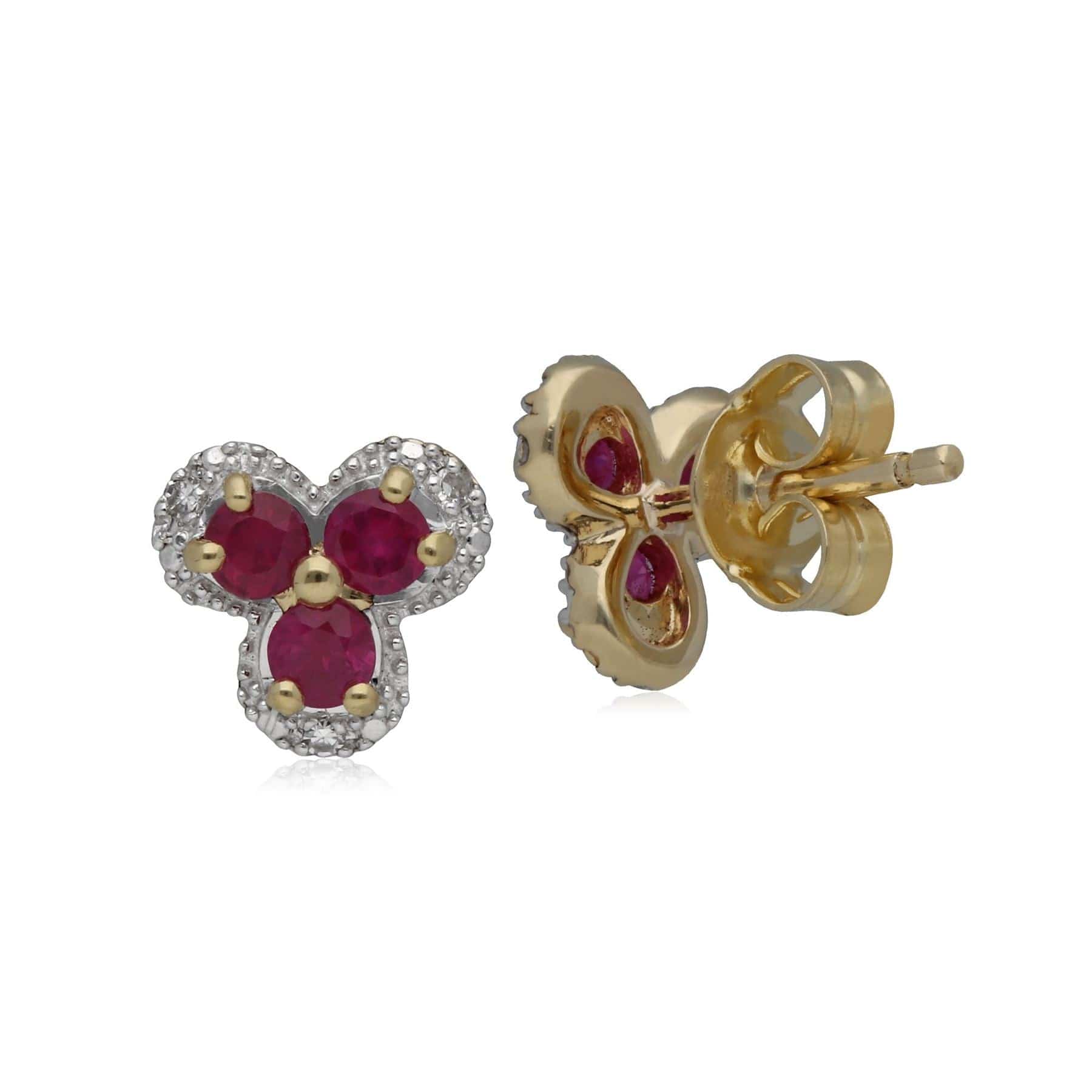 Classic Floral Ruby & Diamond Stud Earrings in 9ct Yellow Gold - Gemondo