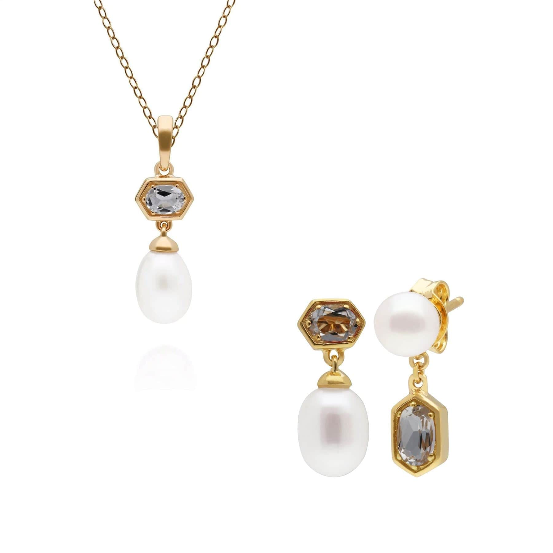 Modern Pearl & Topaz Pendant & Earring Set in Gold Plated Silver - Gemondo