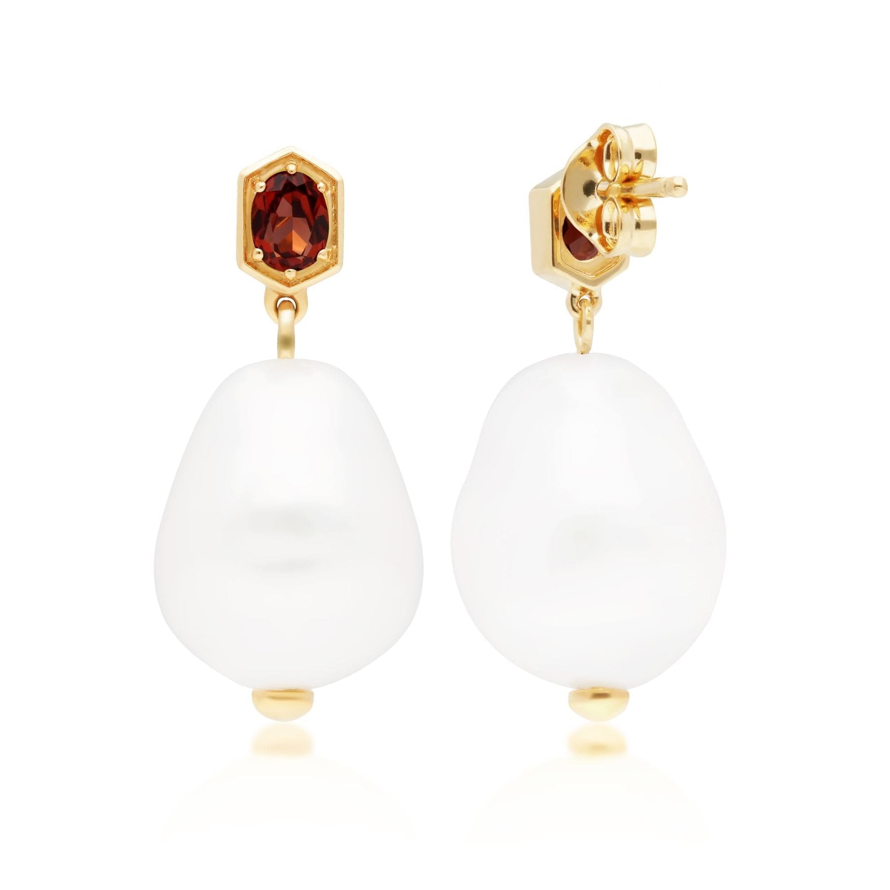270E028208925 Modern Baroque Pearl & Garnet Drop Earrings in Gold Plated Silver 4