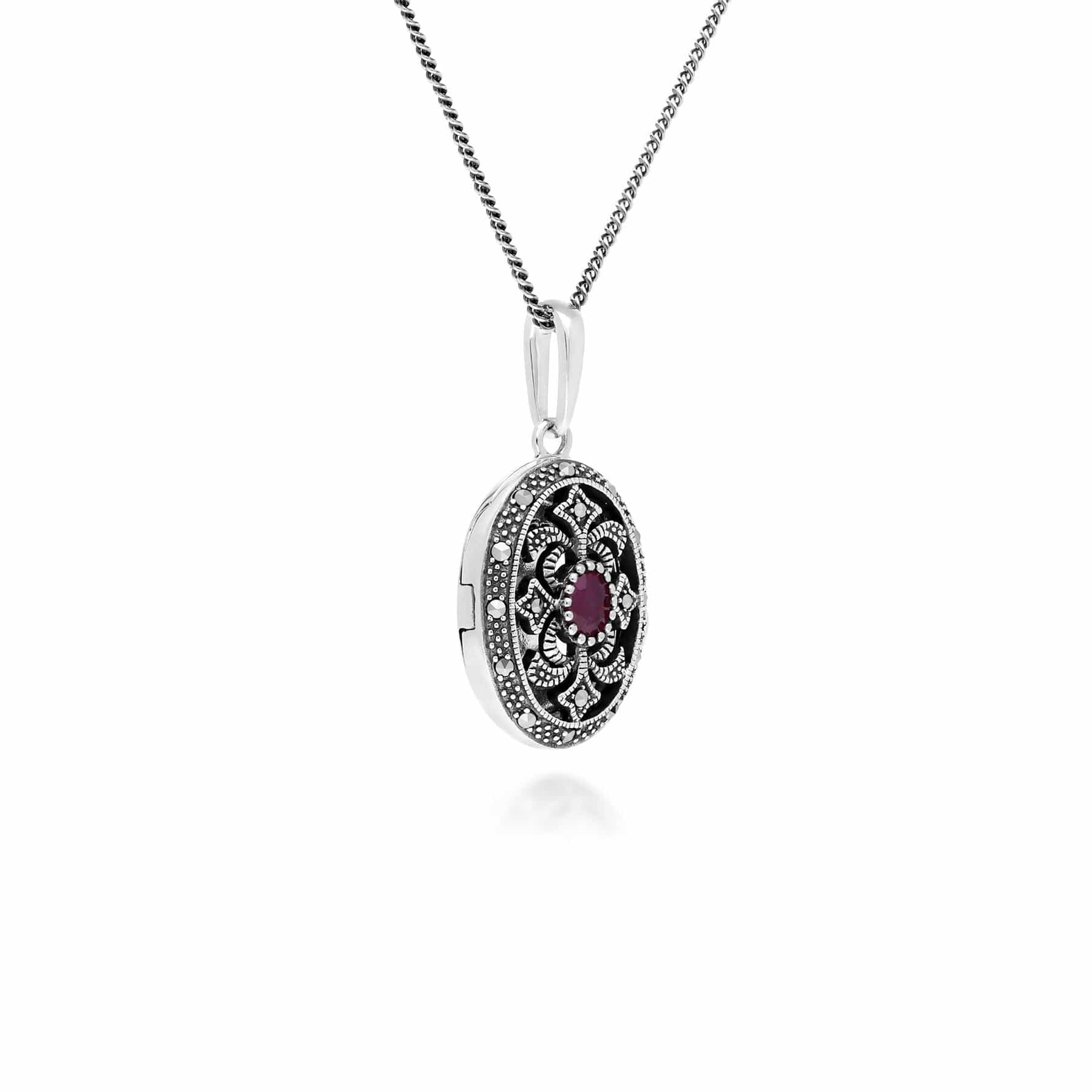 Art Nouveau Style Oval Ruby & Marcasite Locket Necklace in 925 Sterling Silver - Gemondo