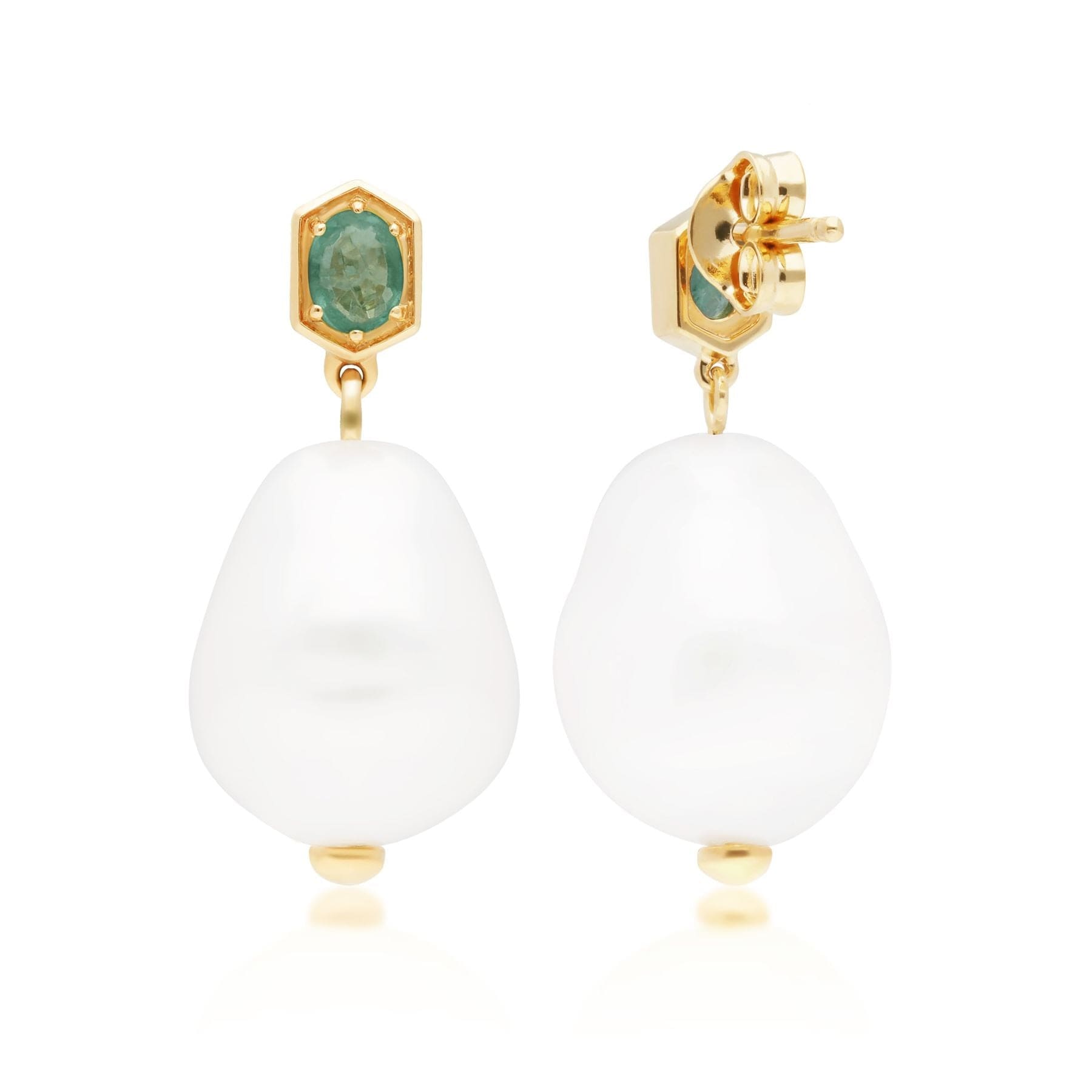 270E028204925 Modern Baroque Pearl & Emerald Drop Earrings in Gold Plated Silver 4