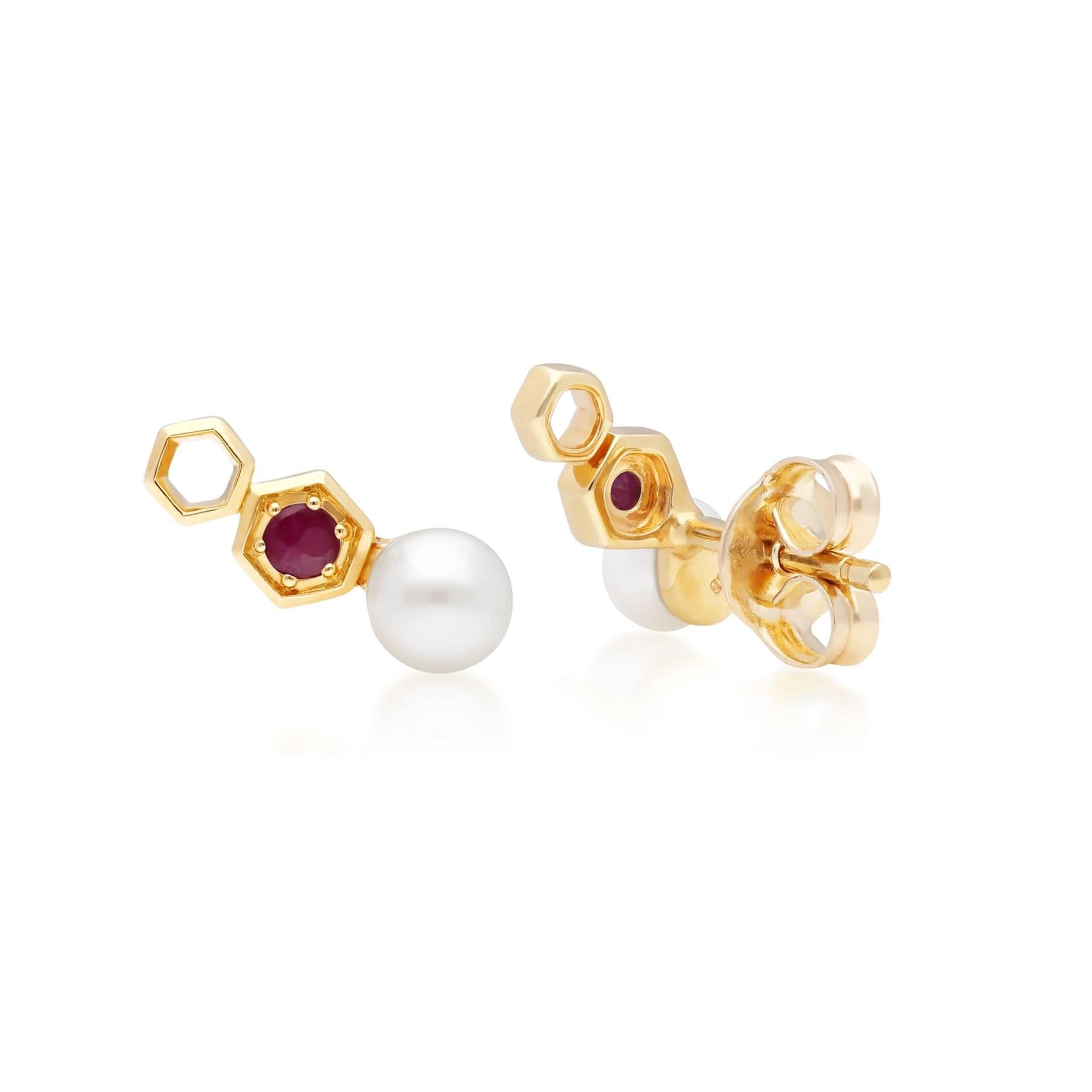 135E1632029 Modern Pearl & Ruby Ear Climber Studs in 9ct Gold 3