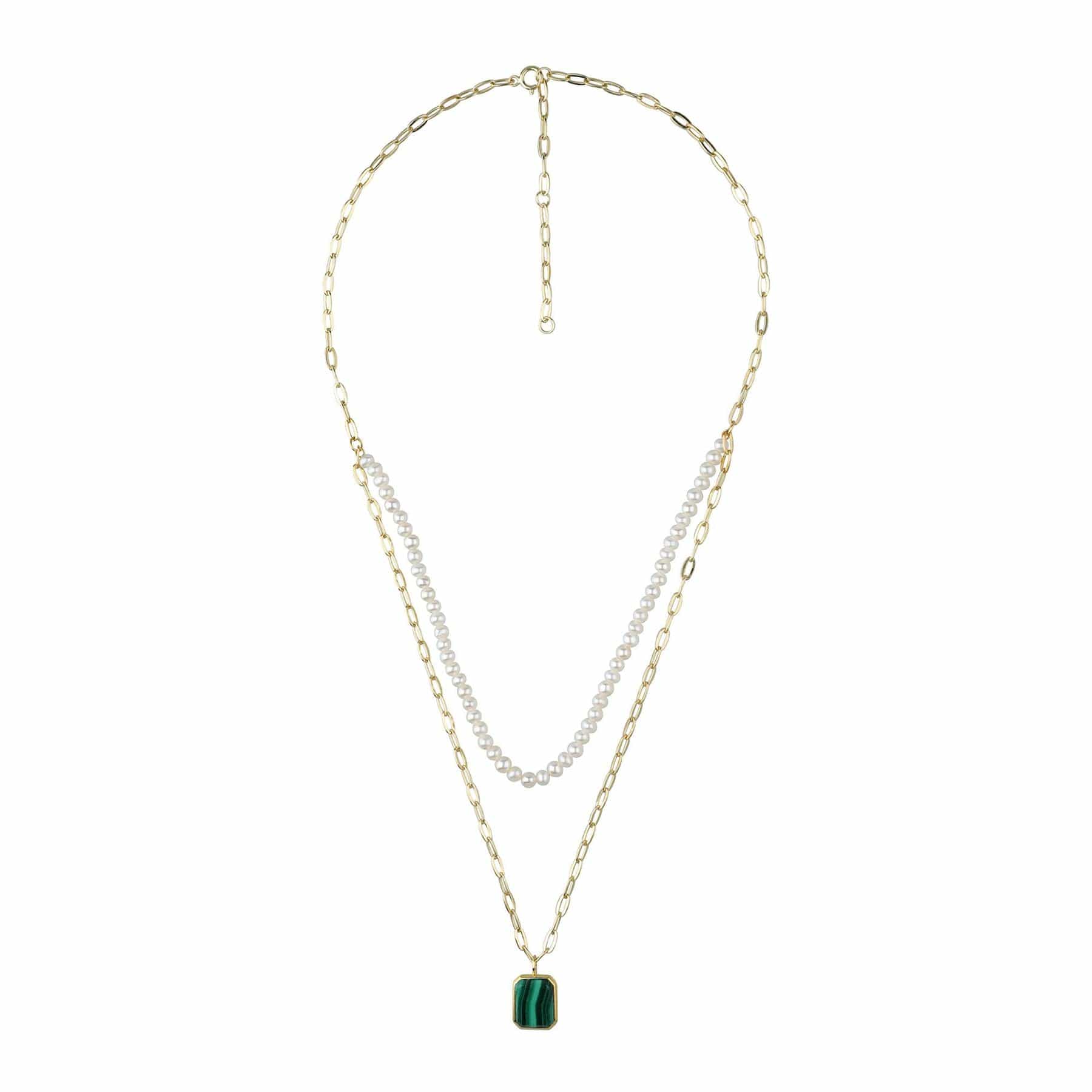 ECFEW™ Unifier Malachite & Pearl Layered Necklace In Sterling Silver - Gemondo