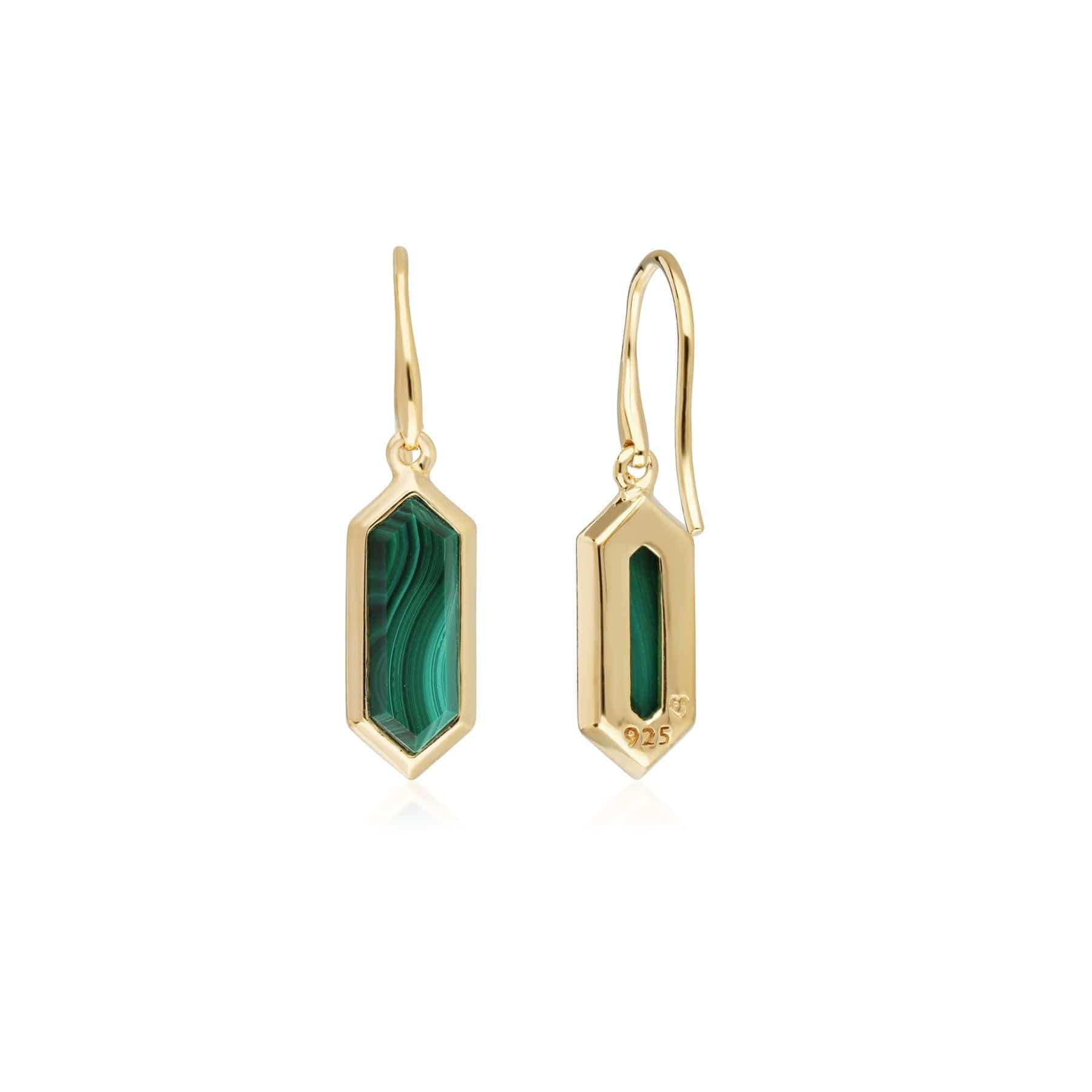 271E012504925 Geometric Hexagon Malachite Drop Earrings in Gold Plated Silver 2