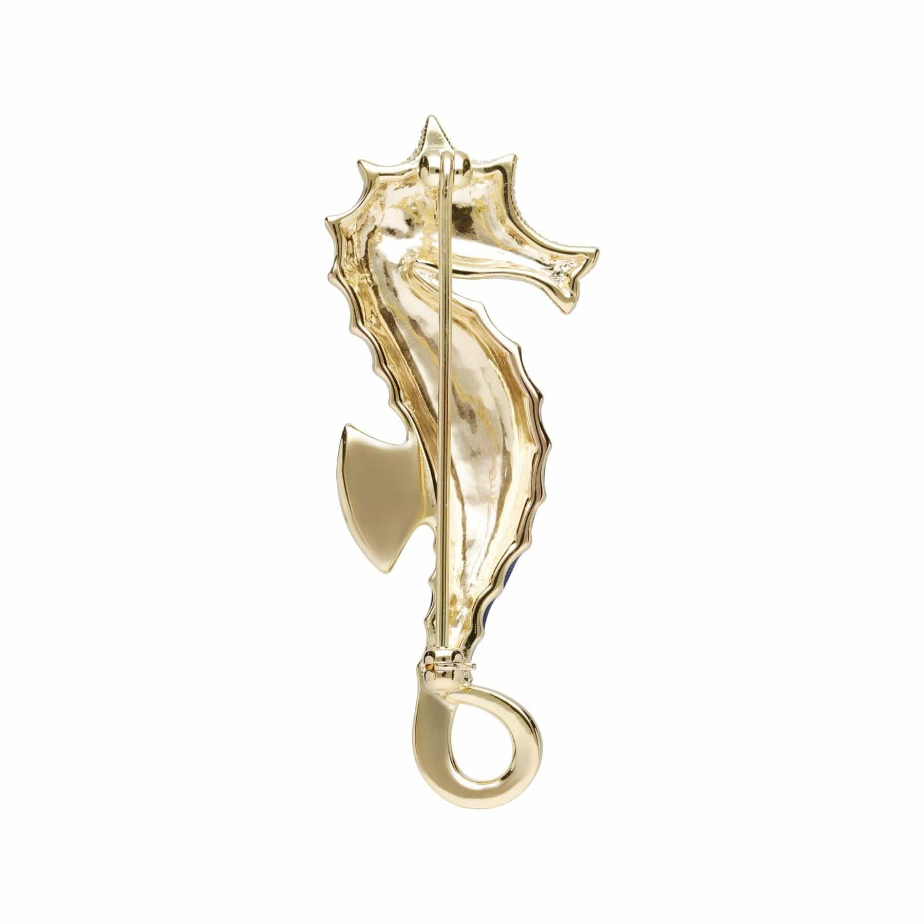 Marcasite & Enamel Seahorse Brooch in 18ct Gold Plated Silver - Gemondo