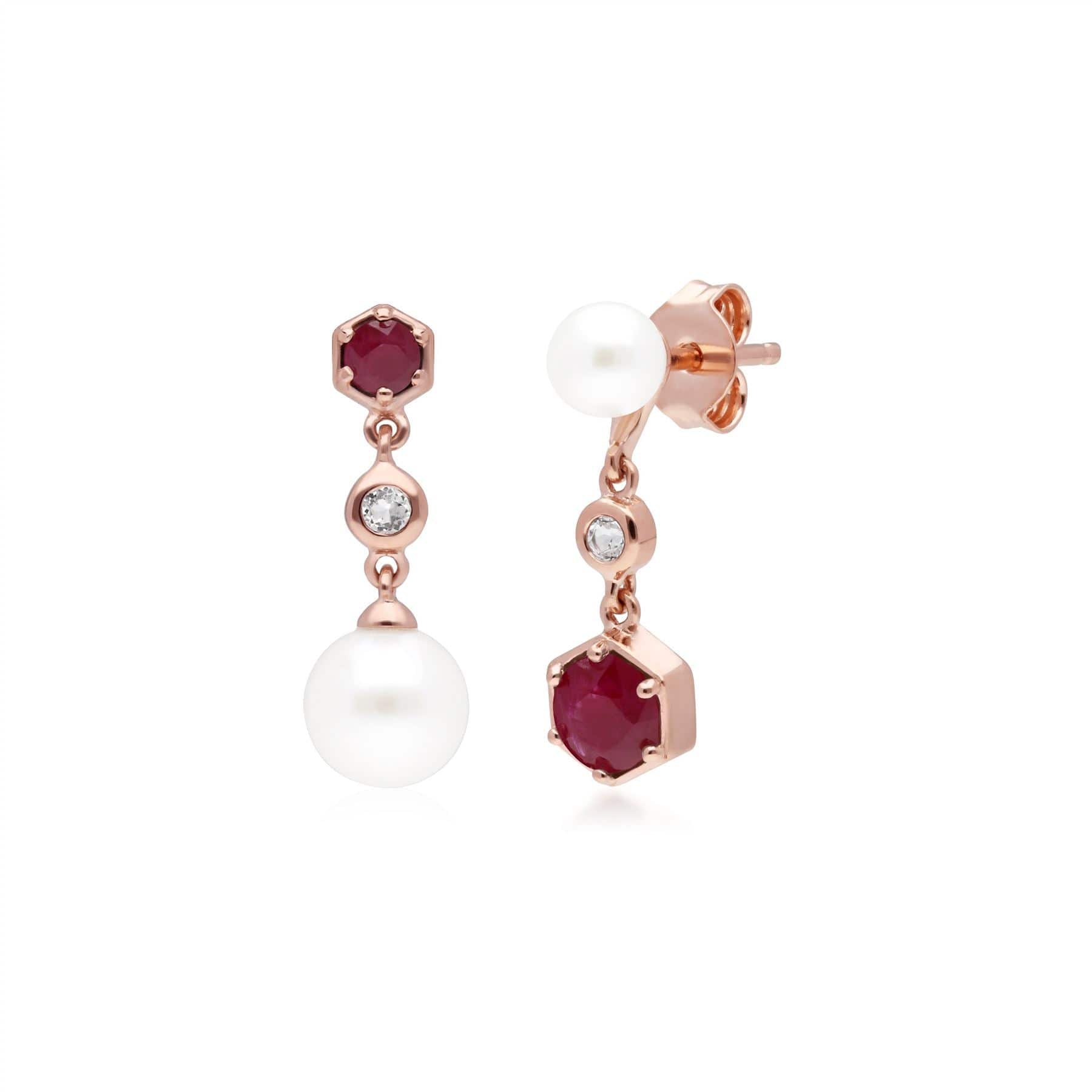 Modern Pearl, Ruby & Topaz Mismatched Drop Earrings in Rose Gold Plated Silver