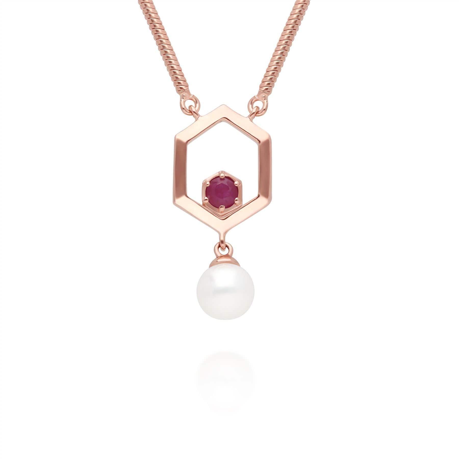 Modern Pearl & Ruby Hexagon Drop Necklace in Rose Gold Plated Sterling Silver