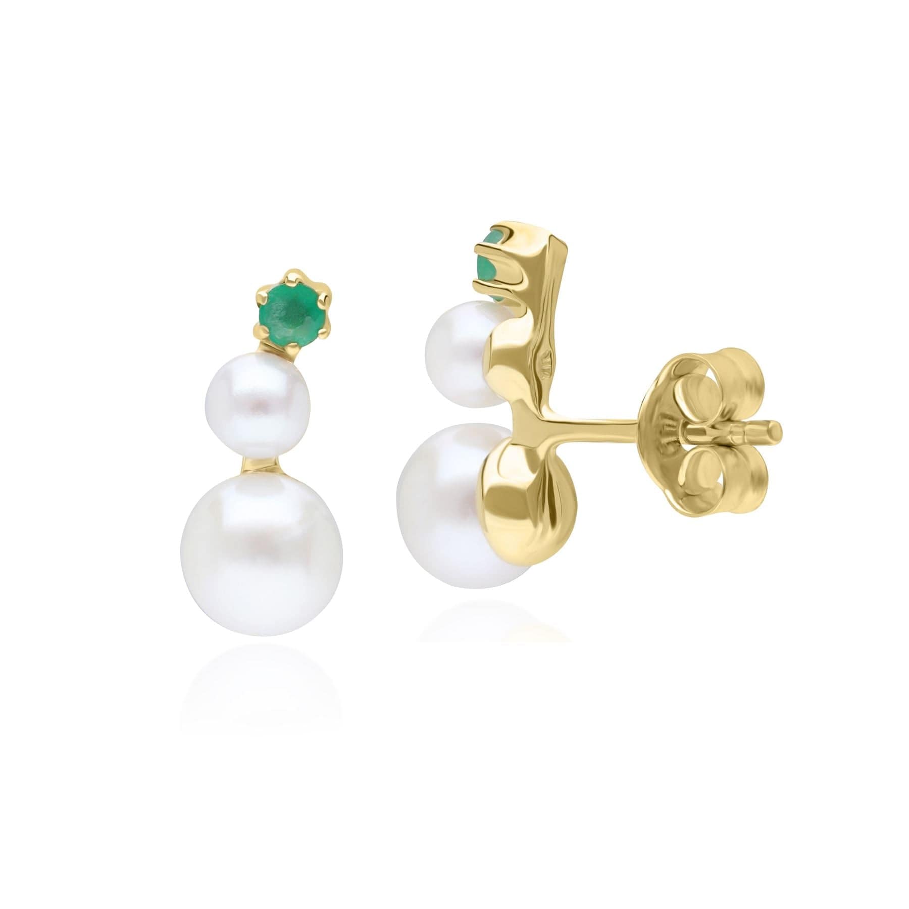 Modern Pearl & Emerald Climber Stud Earrings in 9ct Yellow Gold - Gemondo