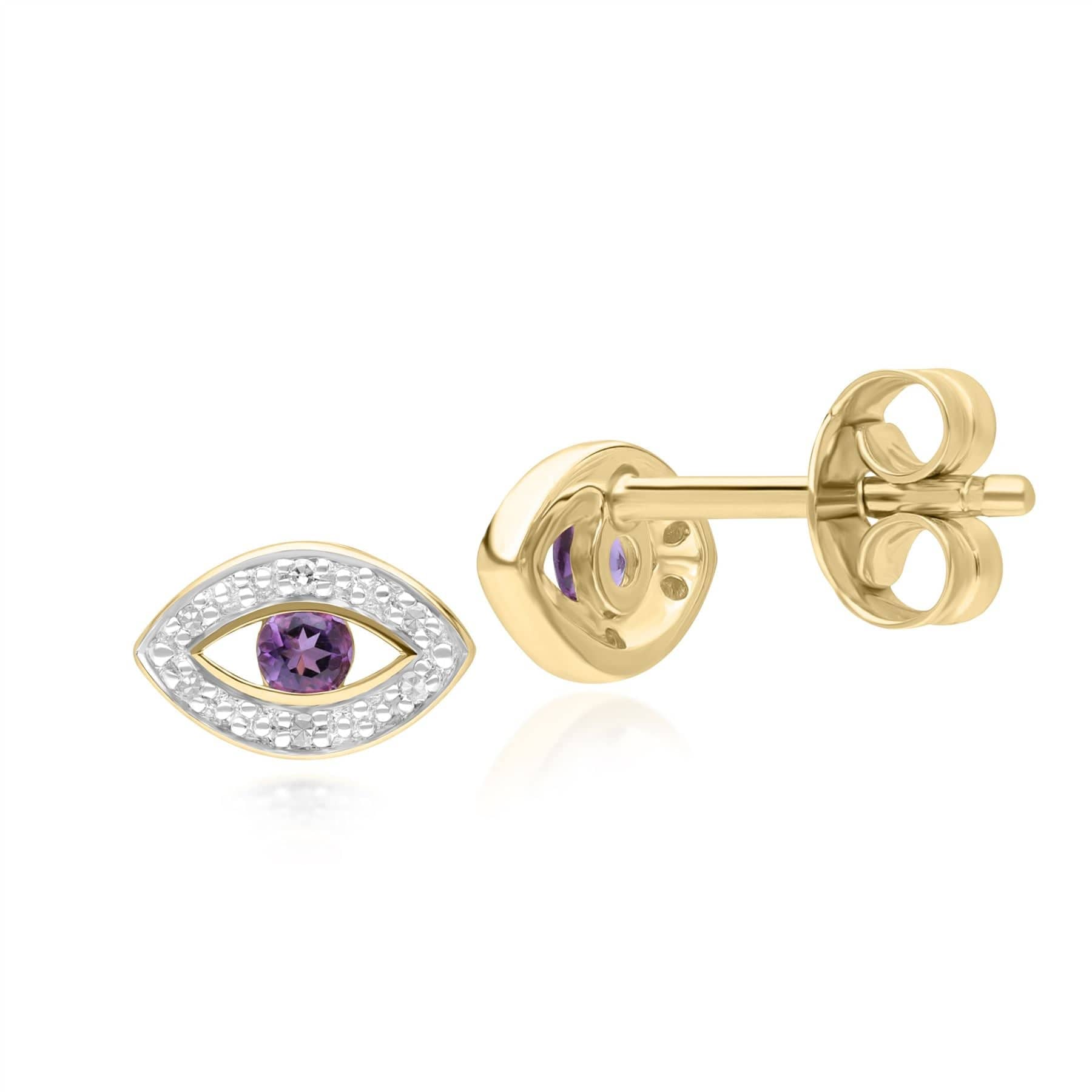 135E1824029 ECFEW™ Dainty Evil Eye Amethyst & Diamond Stud Earrings in 9ct Yellow Gold Side