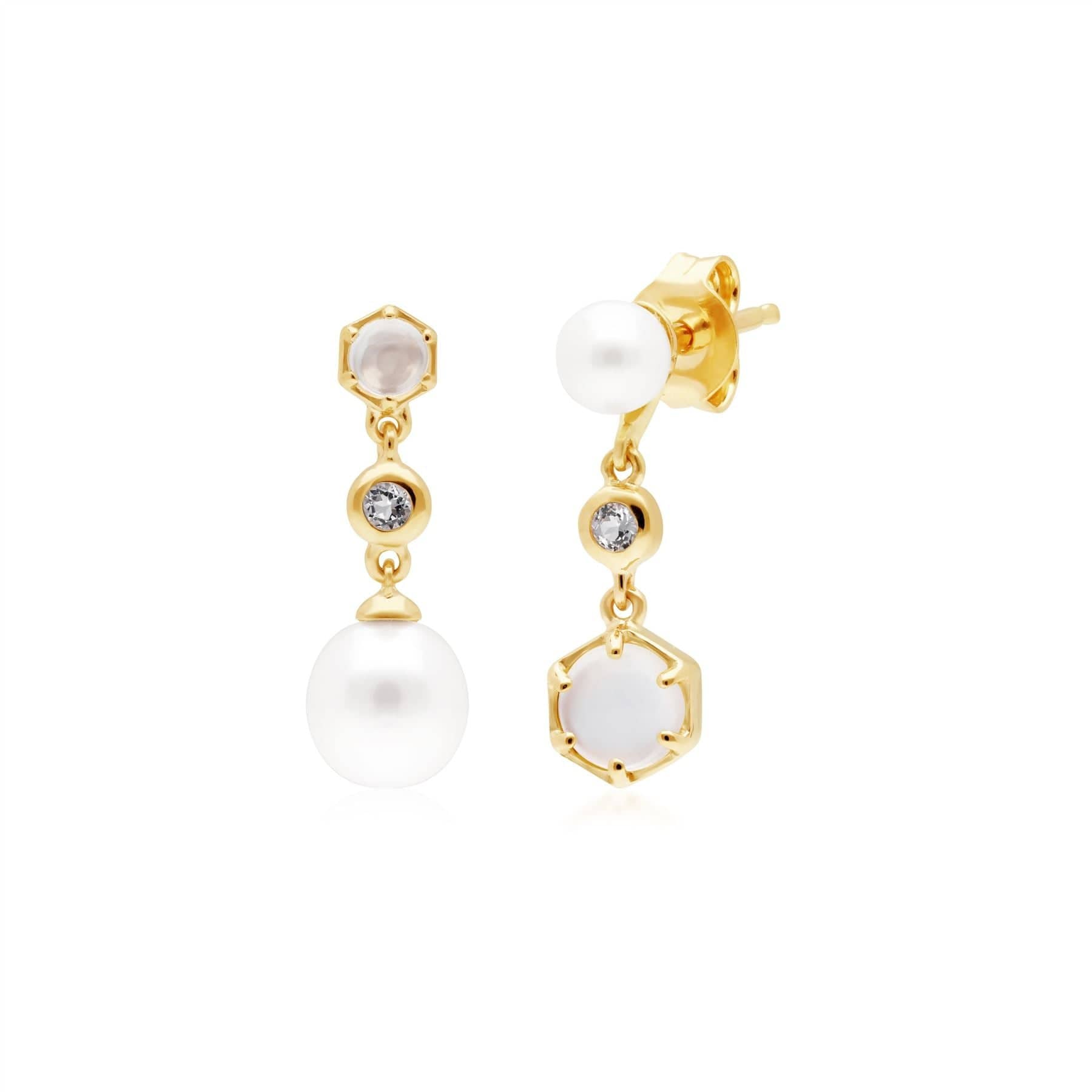 Modern Pearl, Moonstone & Topaz Mismatched Drop Earrings in Gold Plated Silver