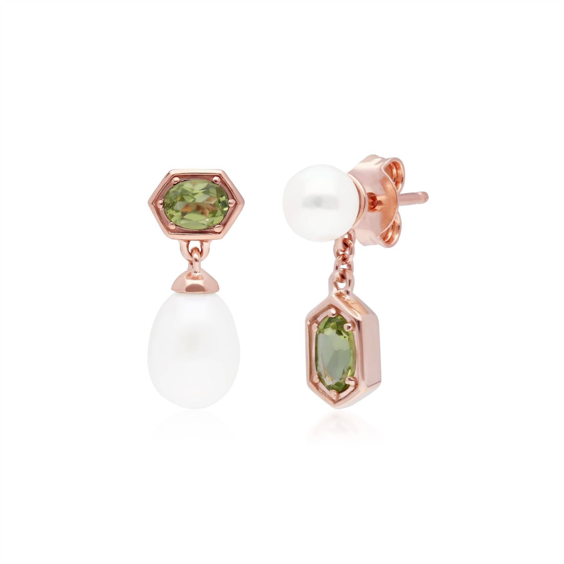Modern Pearl & Peridot Mismatched Drop Earrings in Rose Gold Plated Sterling Silver
