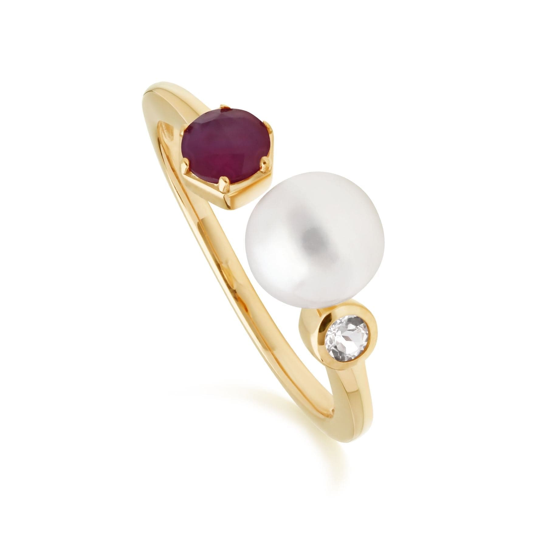 Modern Pearl, Ruby & Topaz Open Ring in Gold Plated Sterling Silver