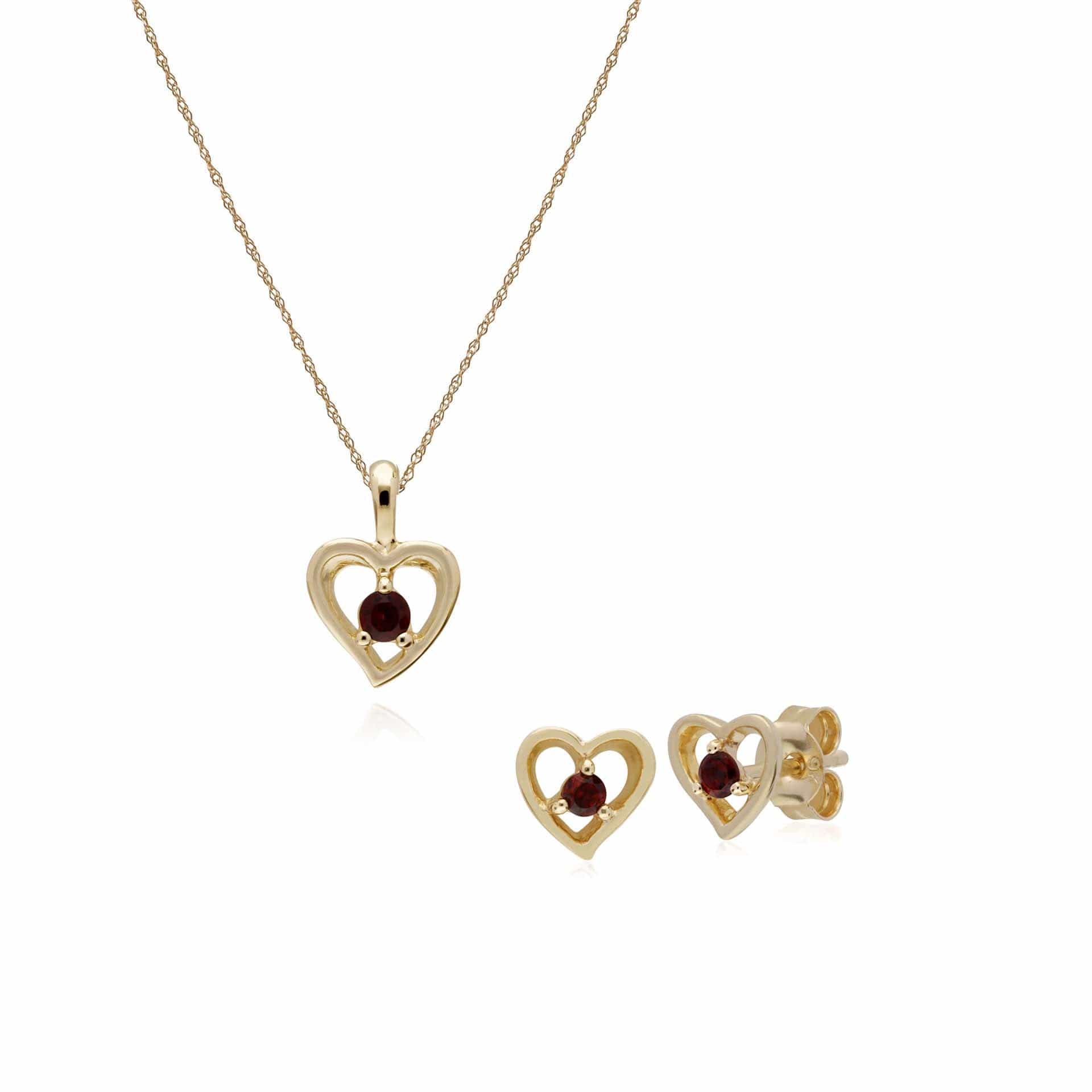 135E1521079-135P1875069 Classic Round Garnet Single Stone Heart Stud Earrings & Necklace Set in 9ct Yellow Gold 1