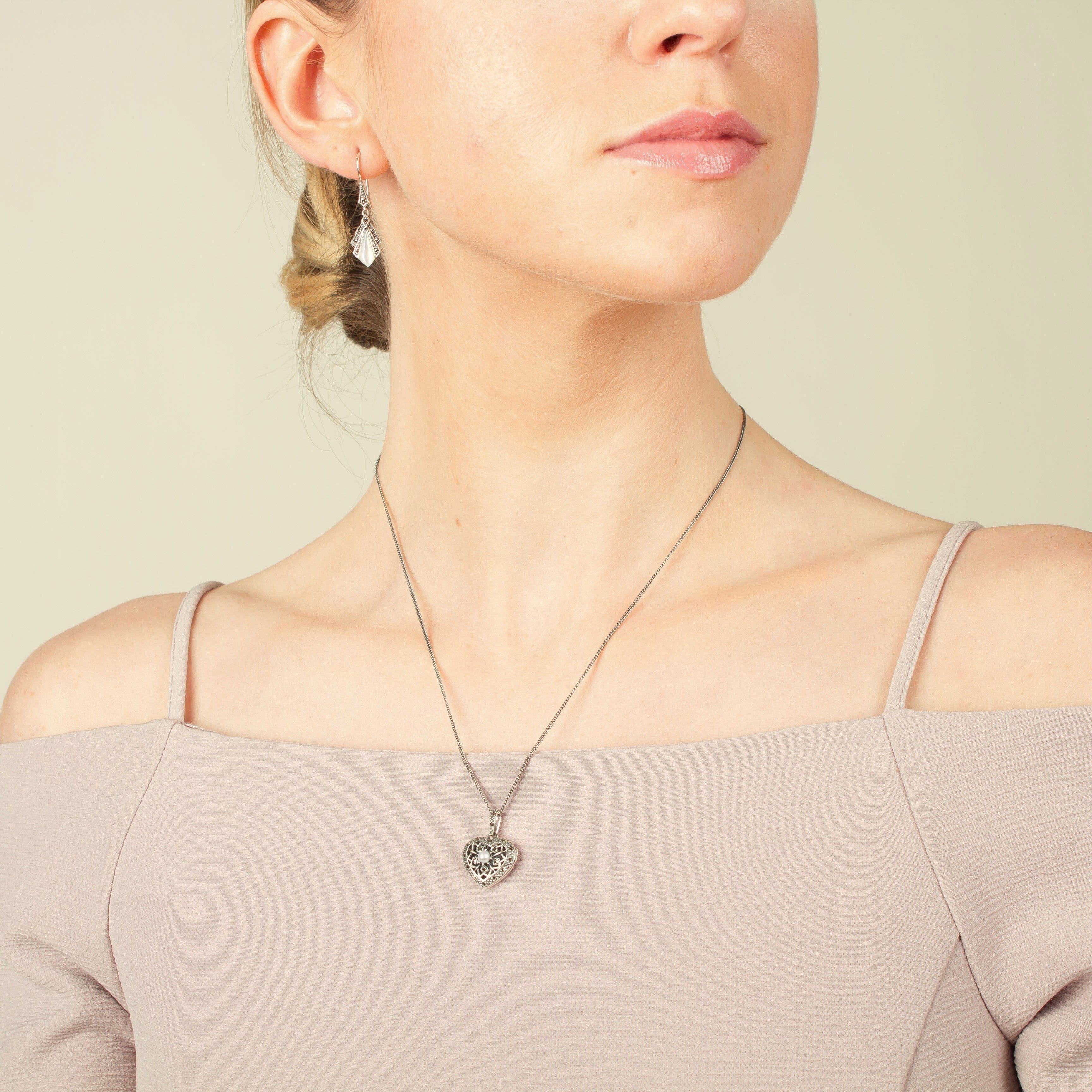 Art Nouveau Style Pearl & Marcasite Heart Necklace in 925 Sterling Silver - Gemondo