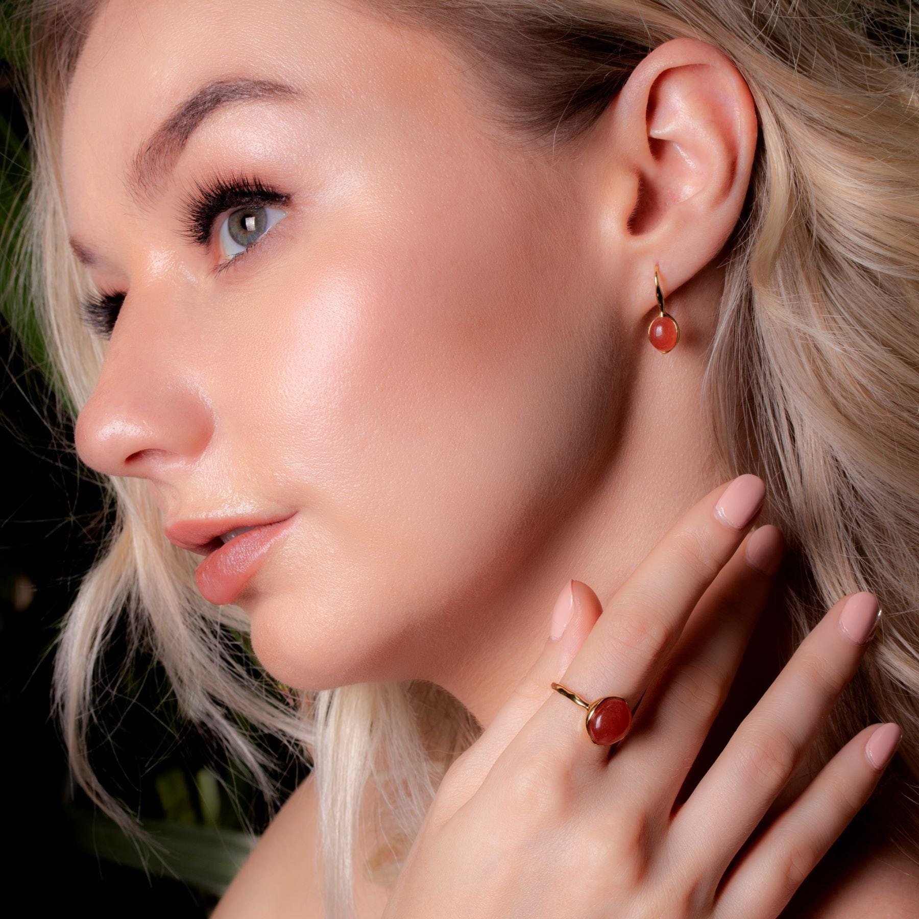 Irregular Collection Dyed Red Jade Drop Earrings in Gold Plated Sterling Silver - Gemondo