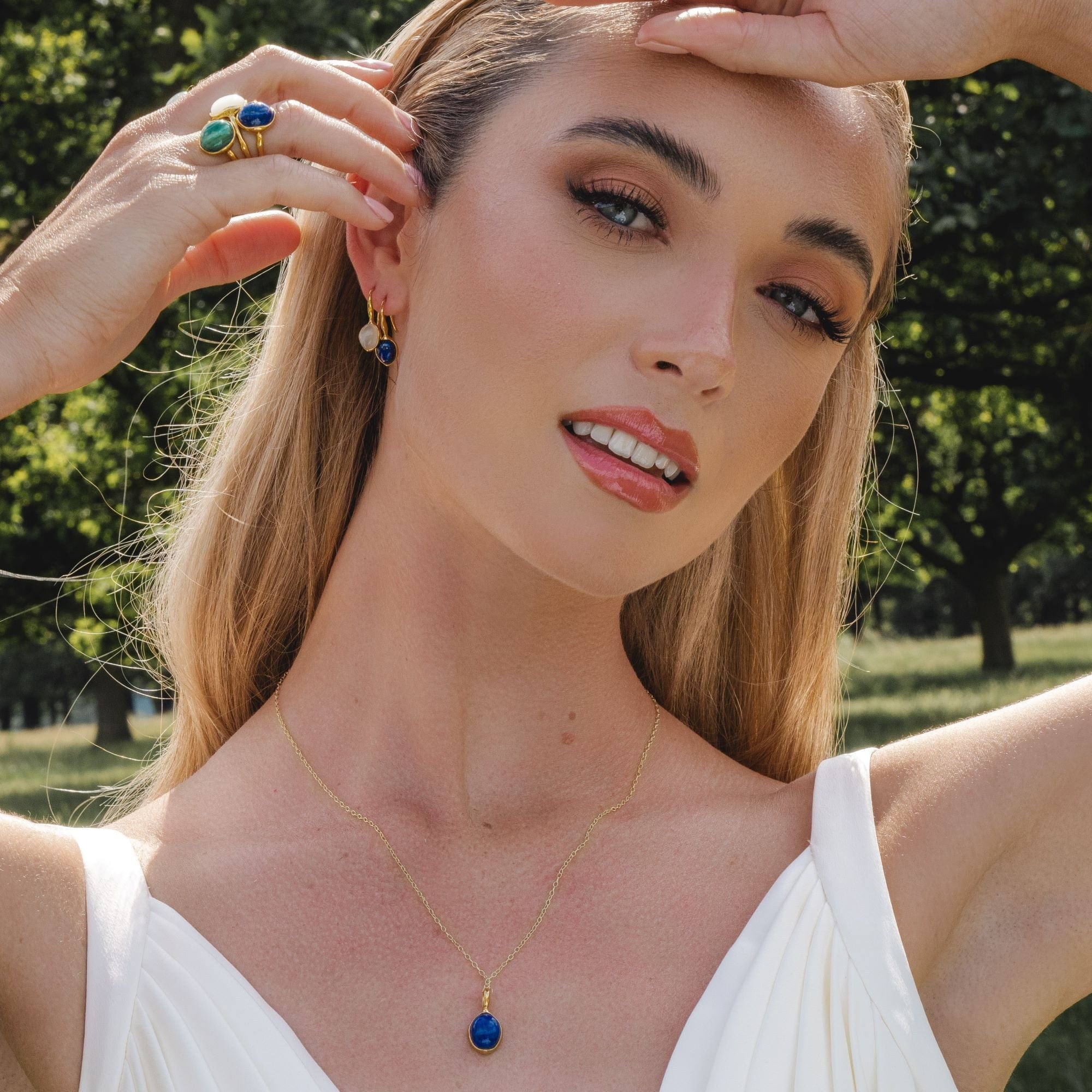  Moonstone Drop Earrings on Model in Gold Plated Silver 270E027002925 Irregular B Gem