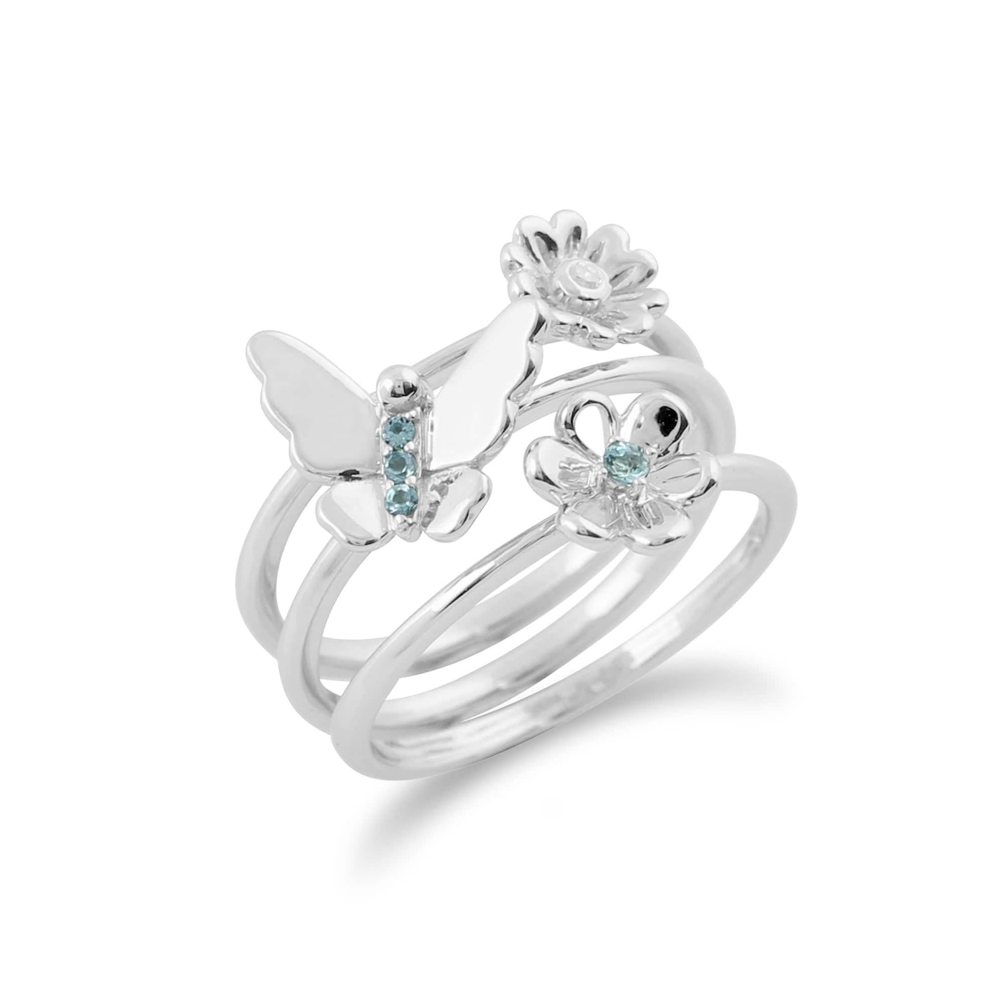 Floral Blue Topaz & Diamond Butterfly & Flowers Three Stack Ring Set Image 2