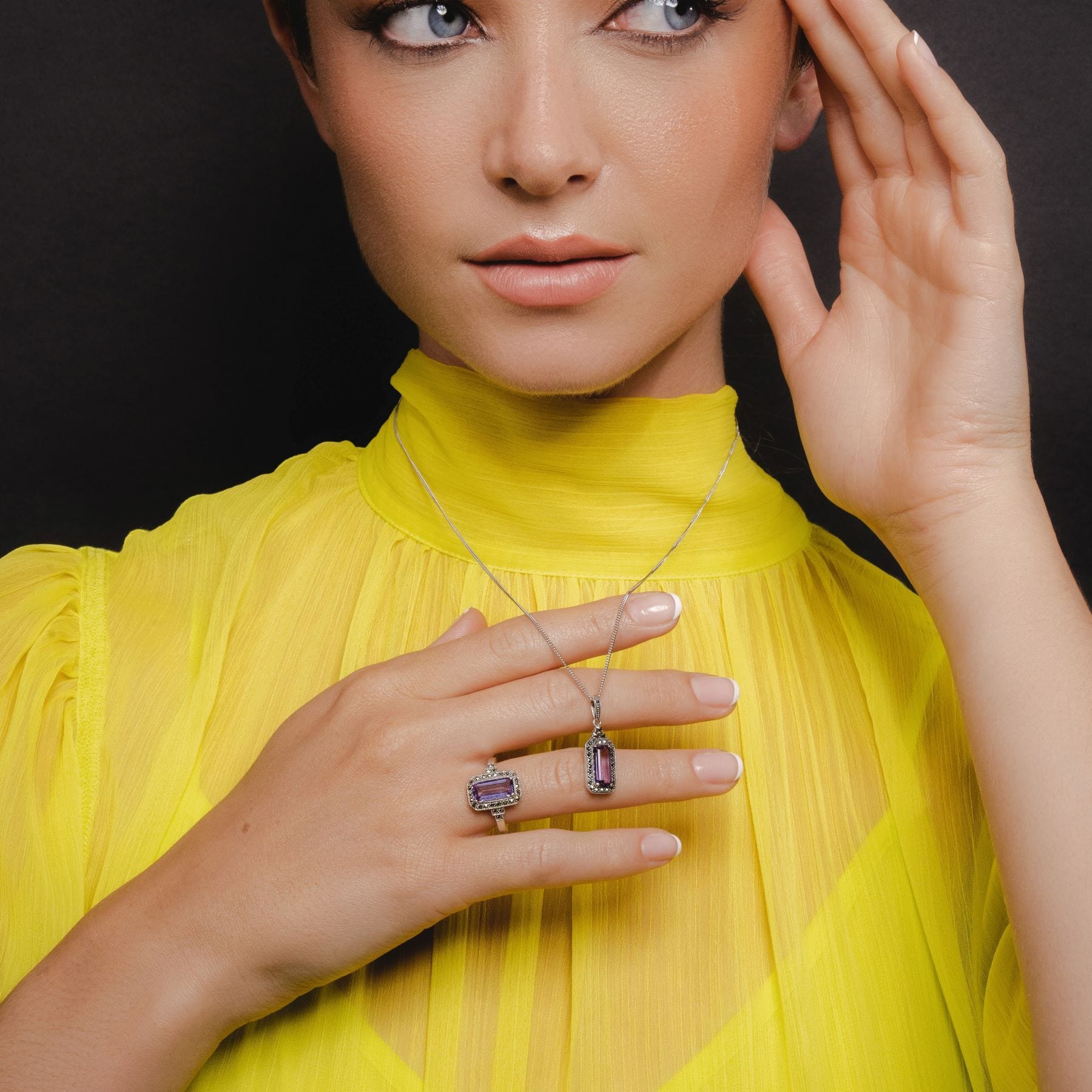 Gemondo Art Deco Inspired Octagon Amethyst & Marcasite Ring In Silver