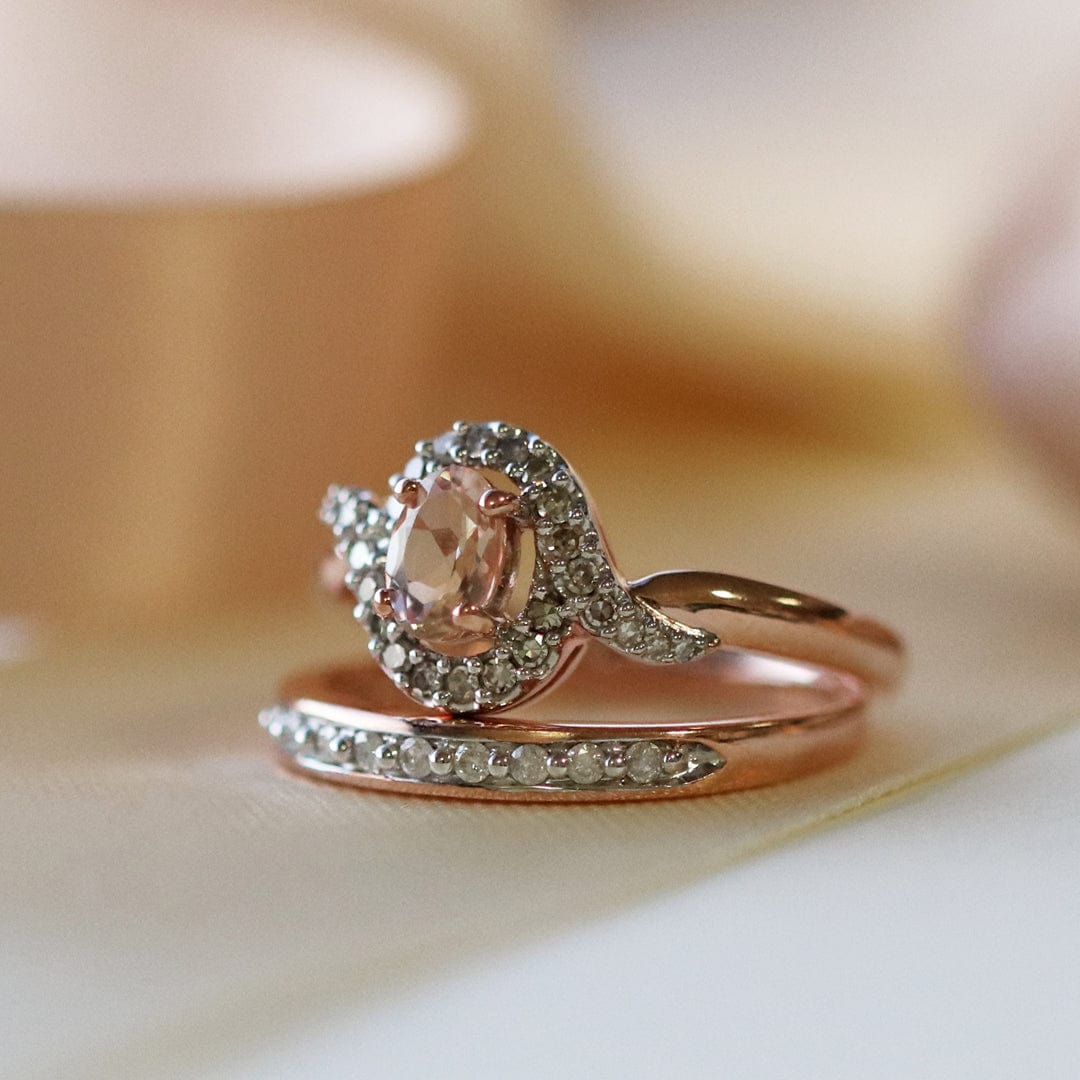 Classic Morganite & Diamond Twist Halo Ring in 9ct Rose Gold - Gemondo
