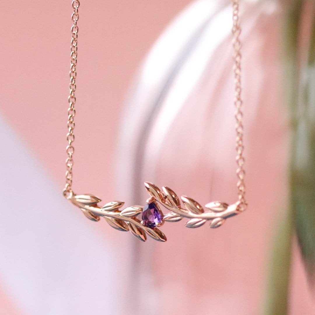 O Leaf Amethyst Necklace in 9ct Rose Gold - Gemondo