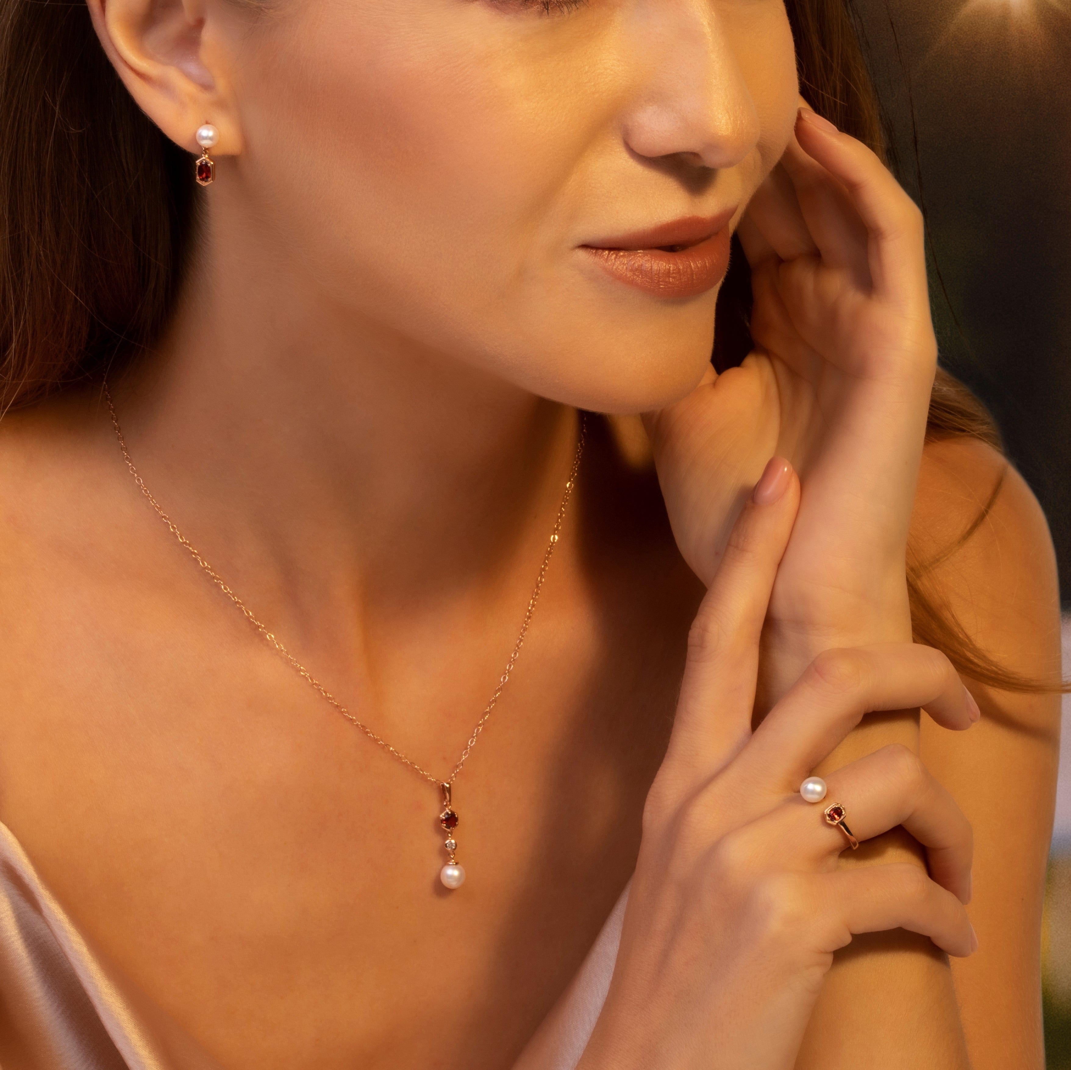 Modern Pearl & Garnet Earring & Ring Set in Rose Gold Plated Silver - Gemondo