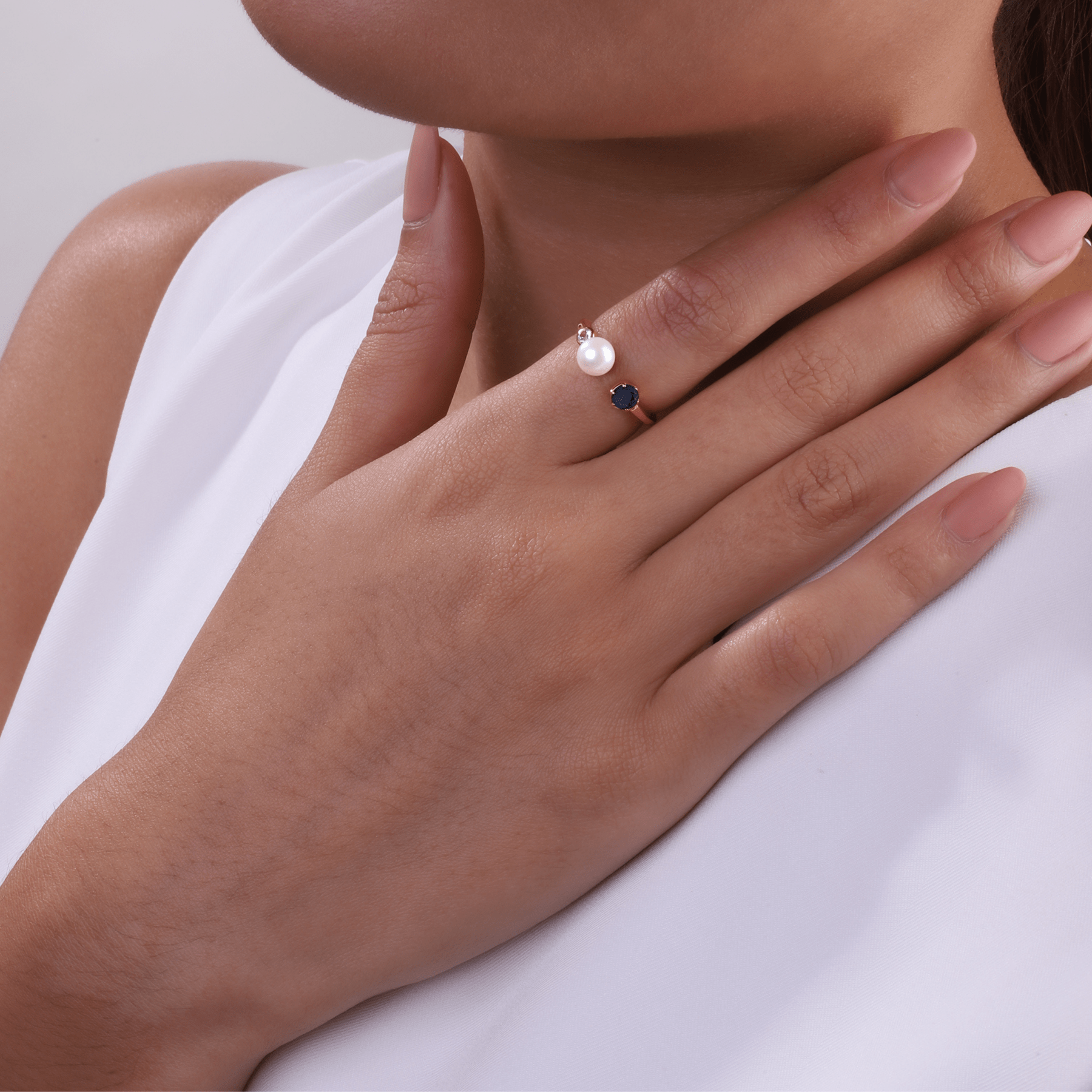 Modern Pearl, Sapphire & Topaz Open Ring in Rose Gold Plated 925 Sterling Silver