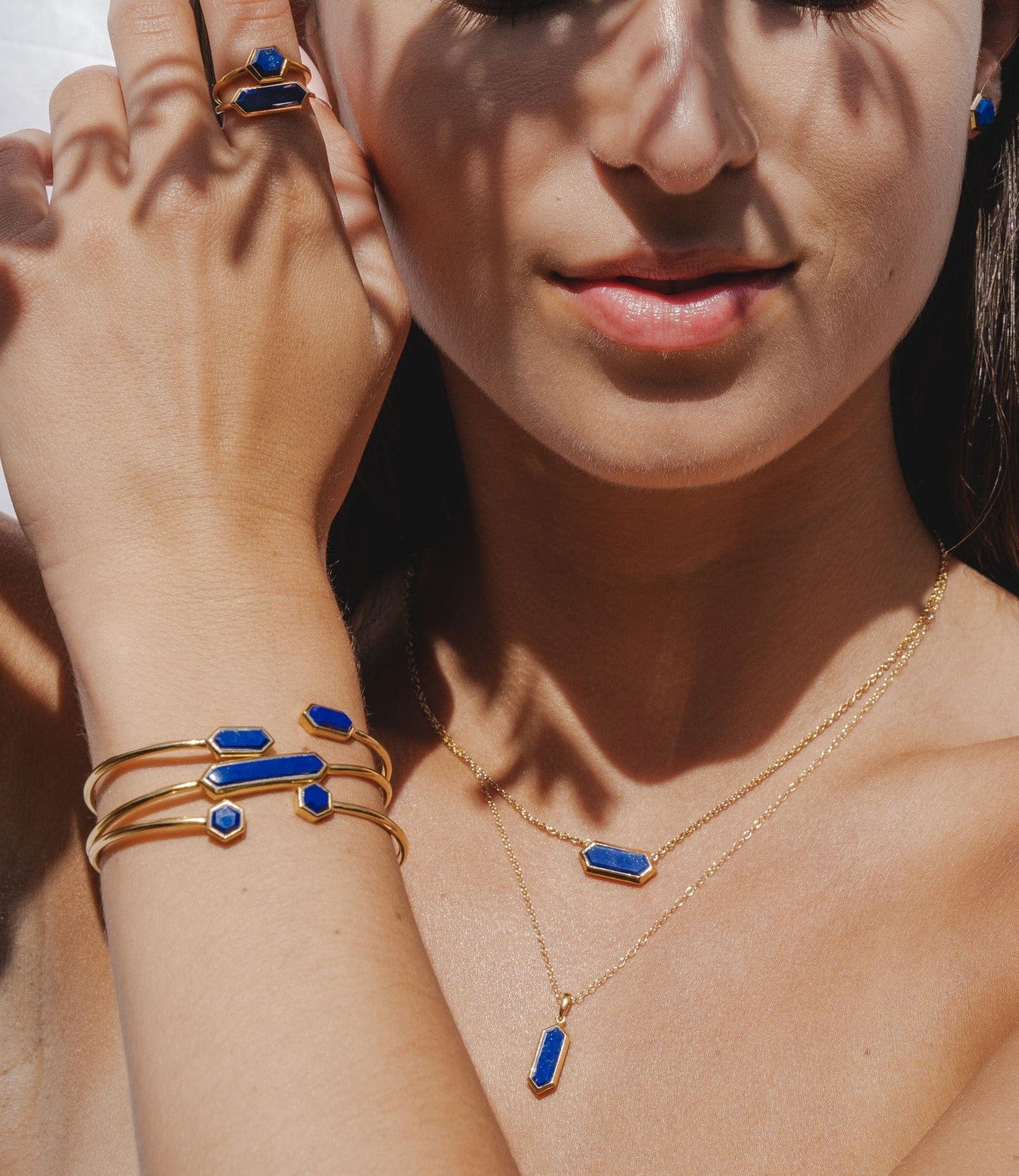 270B009702925 Geometric Hexagon Lapis Lazuli Bangle in Gold Plated Silver 2