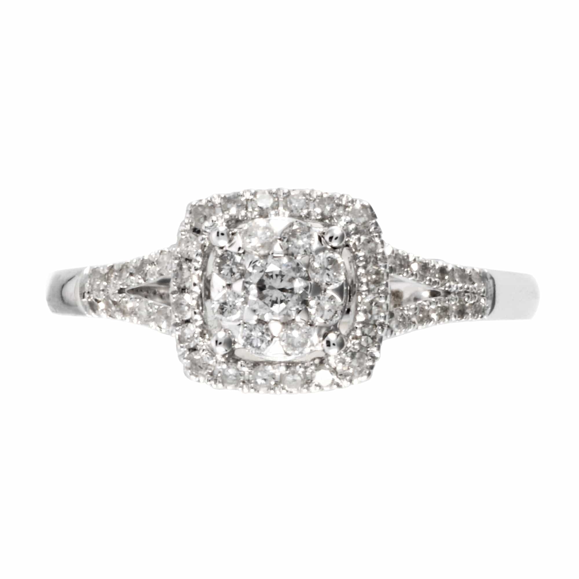 Classic Round Diamond Split Shank Halo Cluster Ring in 18ct White Gold - Gemondo
