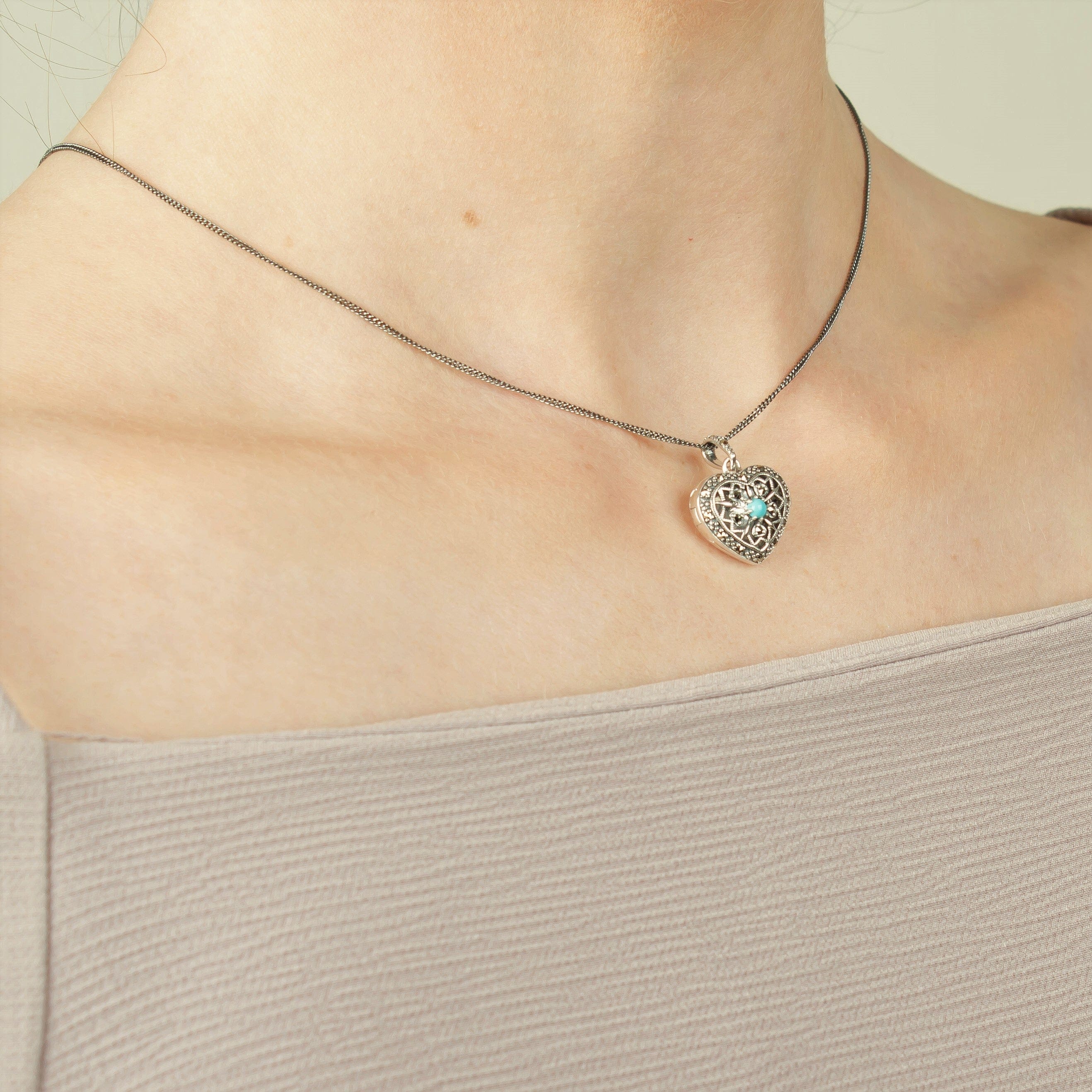 Art Nouveau Style Round Turquoise & Marcasite Heart Necklace in 925 Sterling Silver - Gemondo
